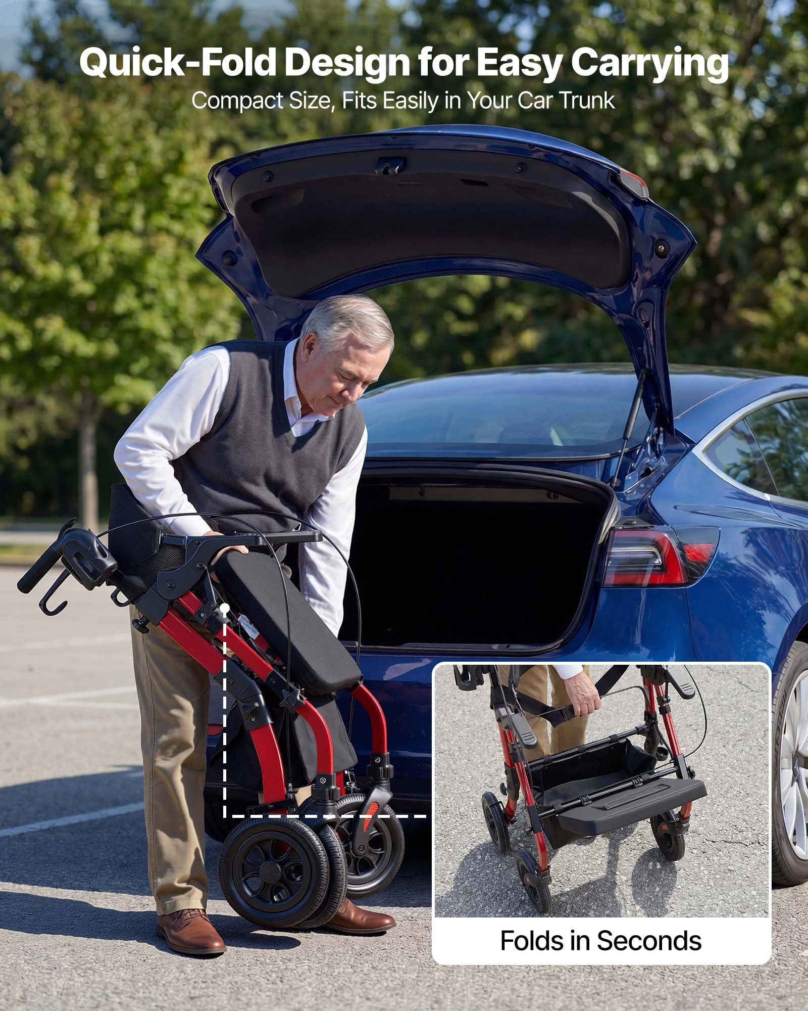 VEVOR Andador para Ancianos 2 en 1 con Asiento Soporta 136 kg, Ruedas de 25,4 cm, Silla de Transporte Plegable de Aleación de Aluminio, Reposabrazos Ajustable para Compras Exterior Personas Mayores