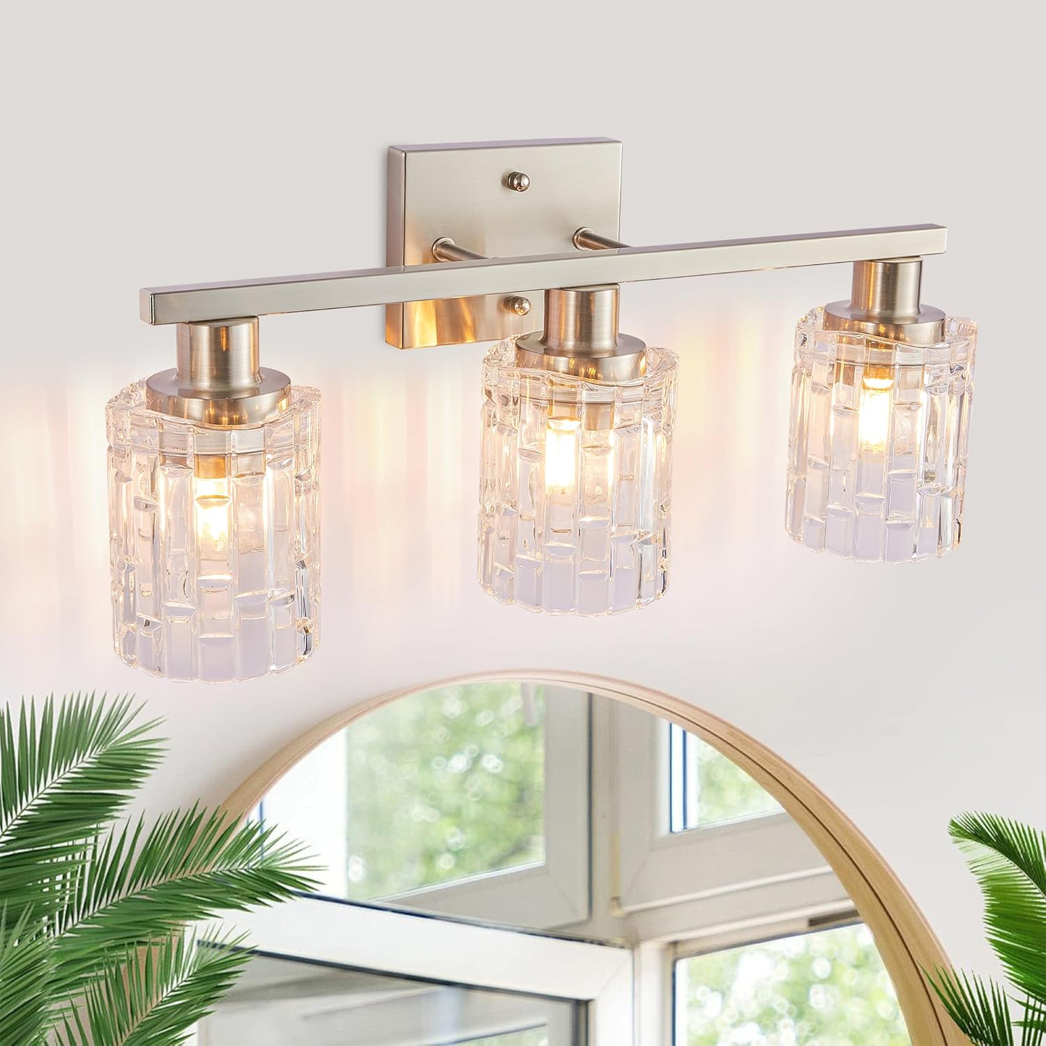 3 Light Brushed Nickel Bathroom Vanity Light Over Mirror, Modern Vanity Lighting with Crystal Glass Shade, Wall Mount Bathroom Light Fixtures, E26 Base Brushed Nickel 3-Light