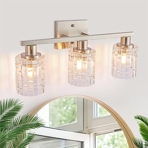 Lámpara de tocador de baño de níquel cepillado de 3 luces, iluminación moderna con pantalla de cristal, accesorios de iluminación de baño de montaje