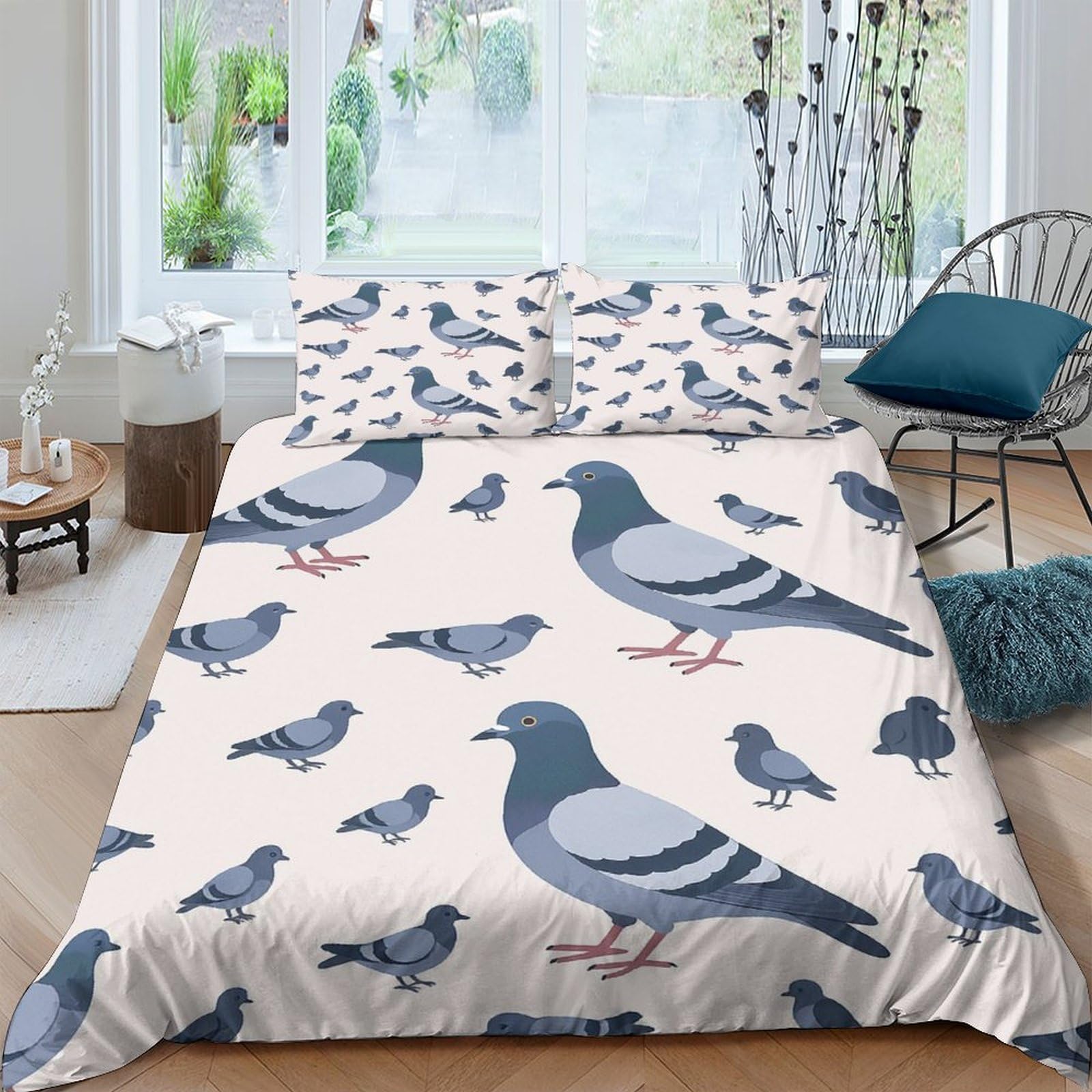 GPLZQXKJNH 3D Printed Pigeon Bird Duvet Cover Microfiber Soft Breathable Urban Style Quilt Cover Set with 2 Pillowcases for Bedroom Decor Single（135x200cm）