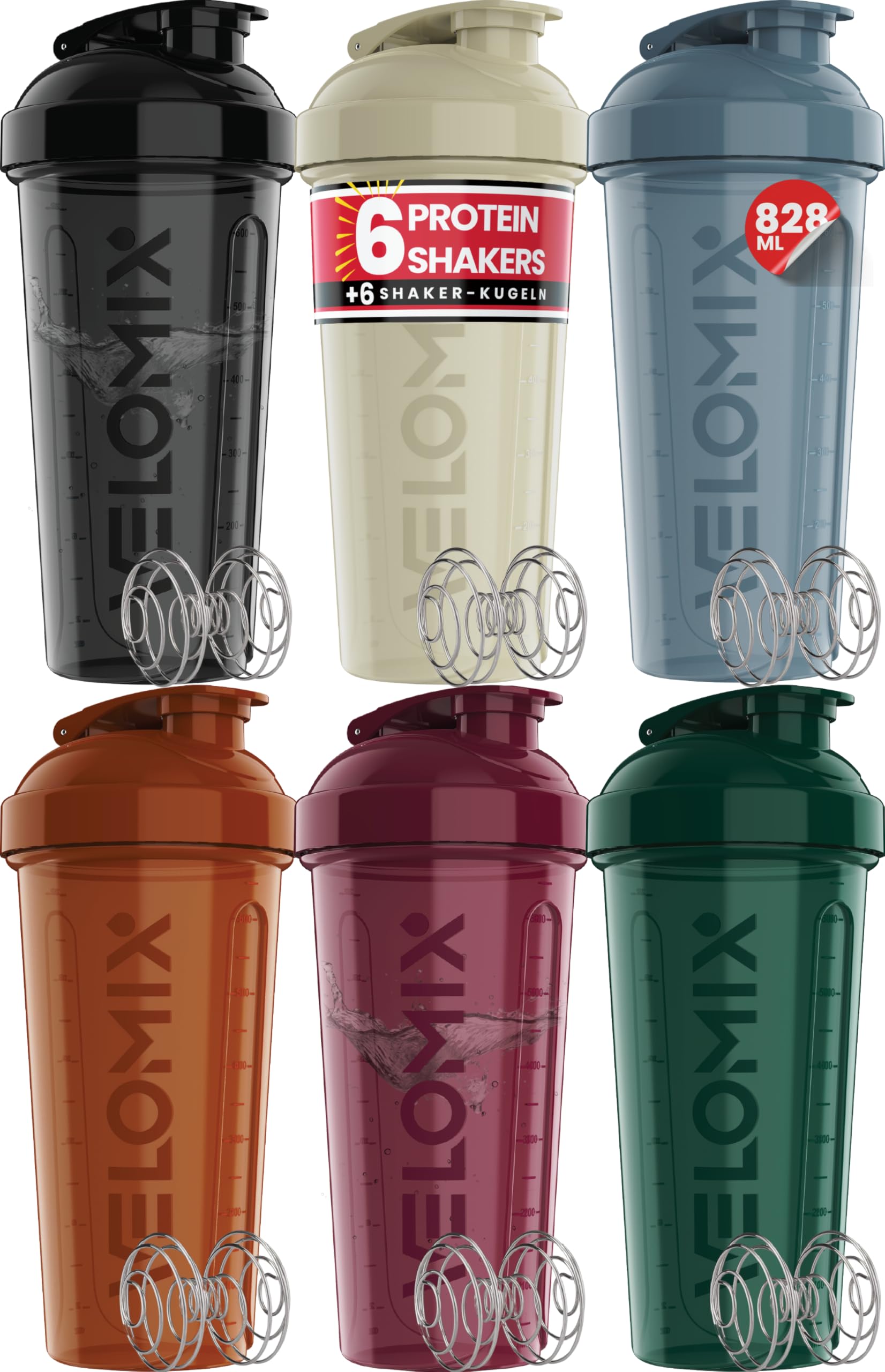 VELOMIX -6 PACK- 828ml Eiweiß Shaker - Auslaufsicher Shaker Proteinshake Mit 6x Kugel | Drehverschluss & Mess-Skala Shake Becher | Spülmaschinengeeignet & Stackable Protein Shaker (Earth Tones)