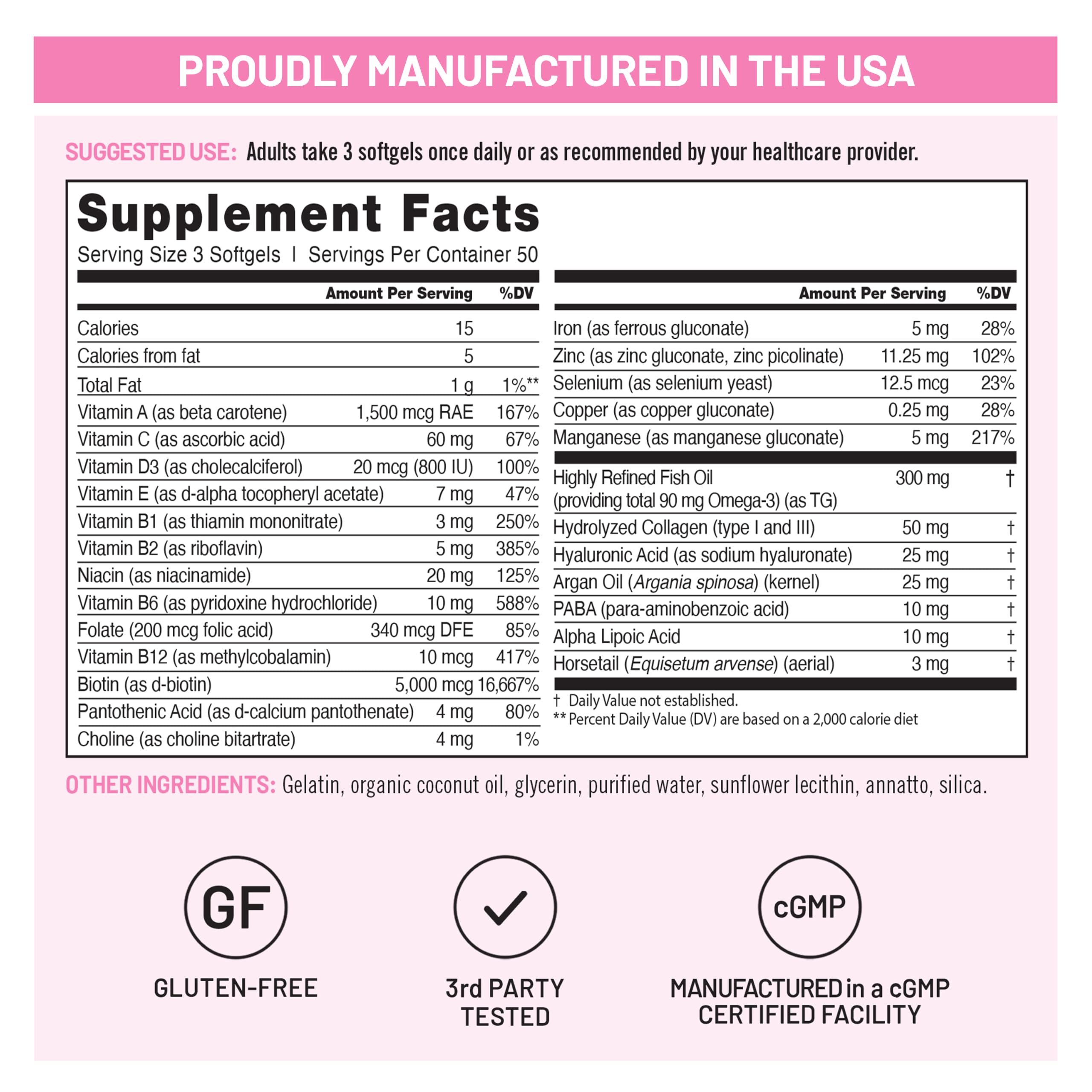 NatureWise Hair Skin and Nails Vitamin, Biotin 5000mcg w/Hyaluronic Acid, Collagen for Women with C, B Complex, D3, A, E, Iron - Non-GMO, Gluten Free - 150 Softgels[50-Day Supply] — Amazon image 5