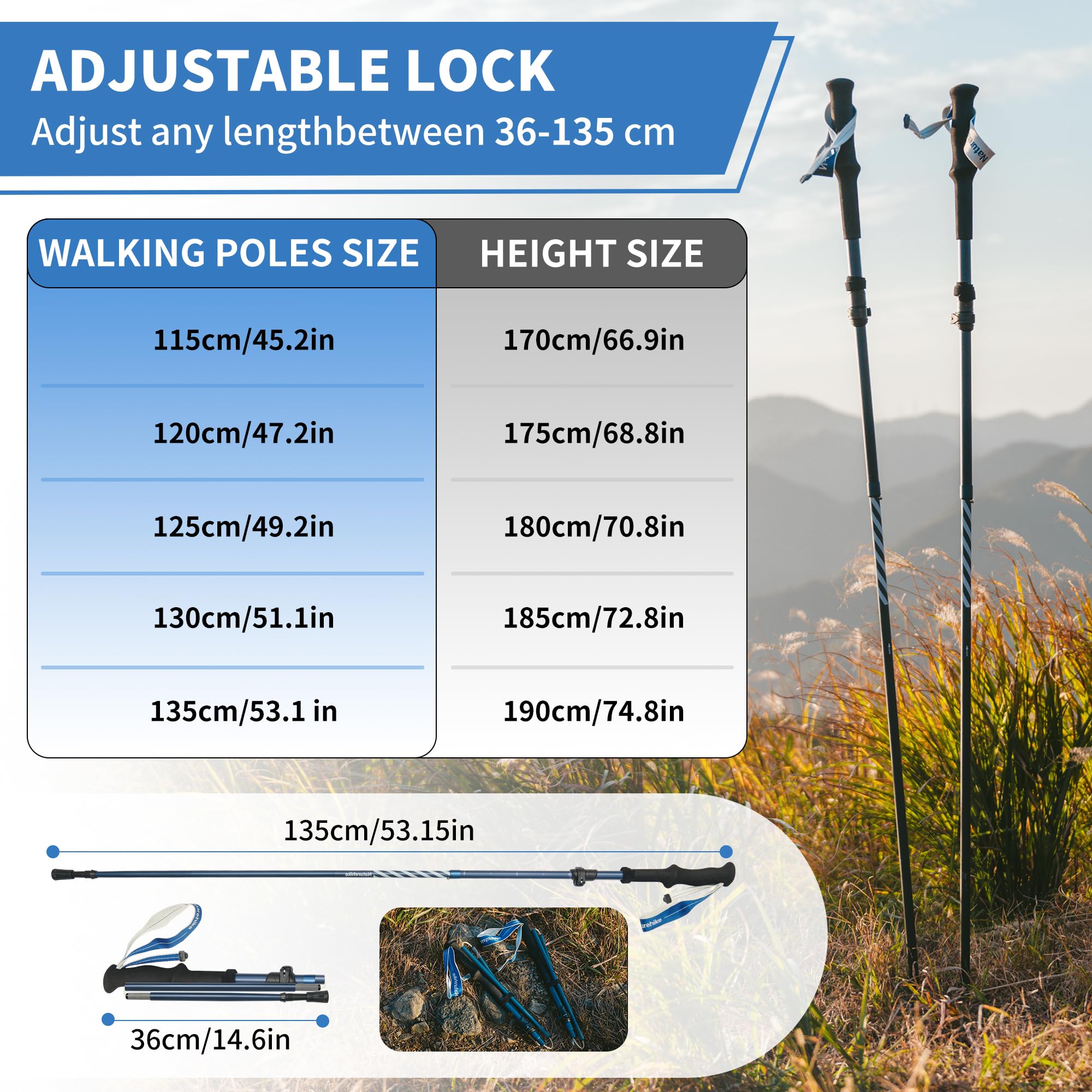 Naturehike Bastoni da trekking ultraleggeri pieghevoli, 115-135 cm, bastoncini da trekking in alluminio 7075, per uomo e donna (blu)