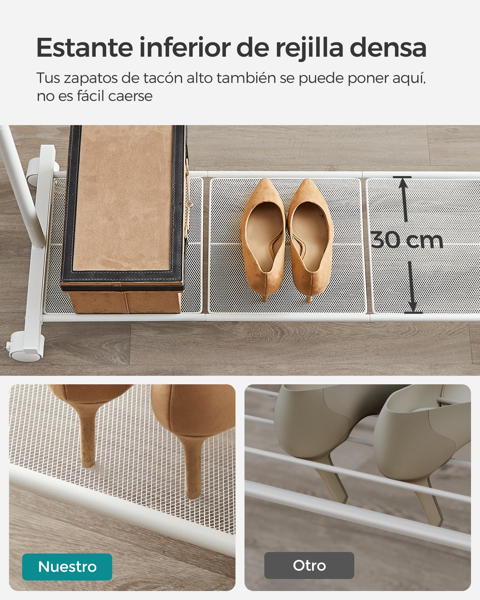 SONGMICS Perchero Burro, Burro de Ropa con 2 Barras, Marco de Metal, Barra Colgante de 91 cm de Ancho, con Estante, 2 Ruedas Bloqueables, Cada Barra Soporta hasta 20 kg, Blanco HSR027W01