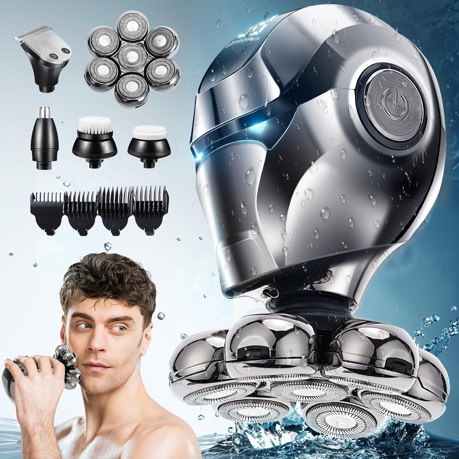 Head Shavers for Bald Men, 6 in 1 Head Shaver 7D Electric Razor Rechargeable Rotary Shavers for Men, IPX7 Full-Body Waterproof High-Tech Bald Head Shaver with LED Display, Wet/Dry Shaving