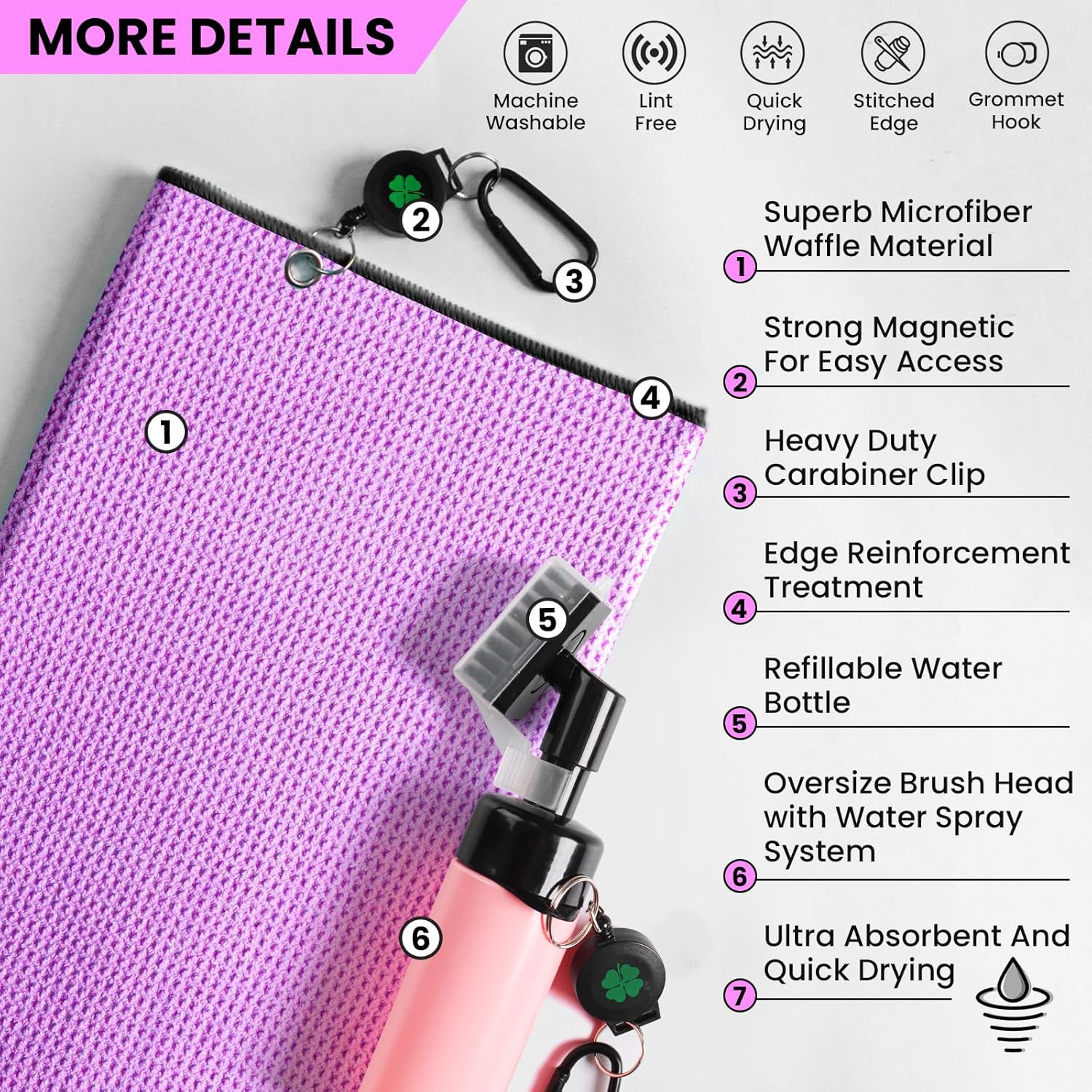 FINGER TEN Golf Club Cleaning Value Set, Strong Magnetic Retractable Carabiner Absorbent Towel Squeeze Water Brush with Divot Tool Ball Marker, Golf Bag Accessory for Iron Care Men Women