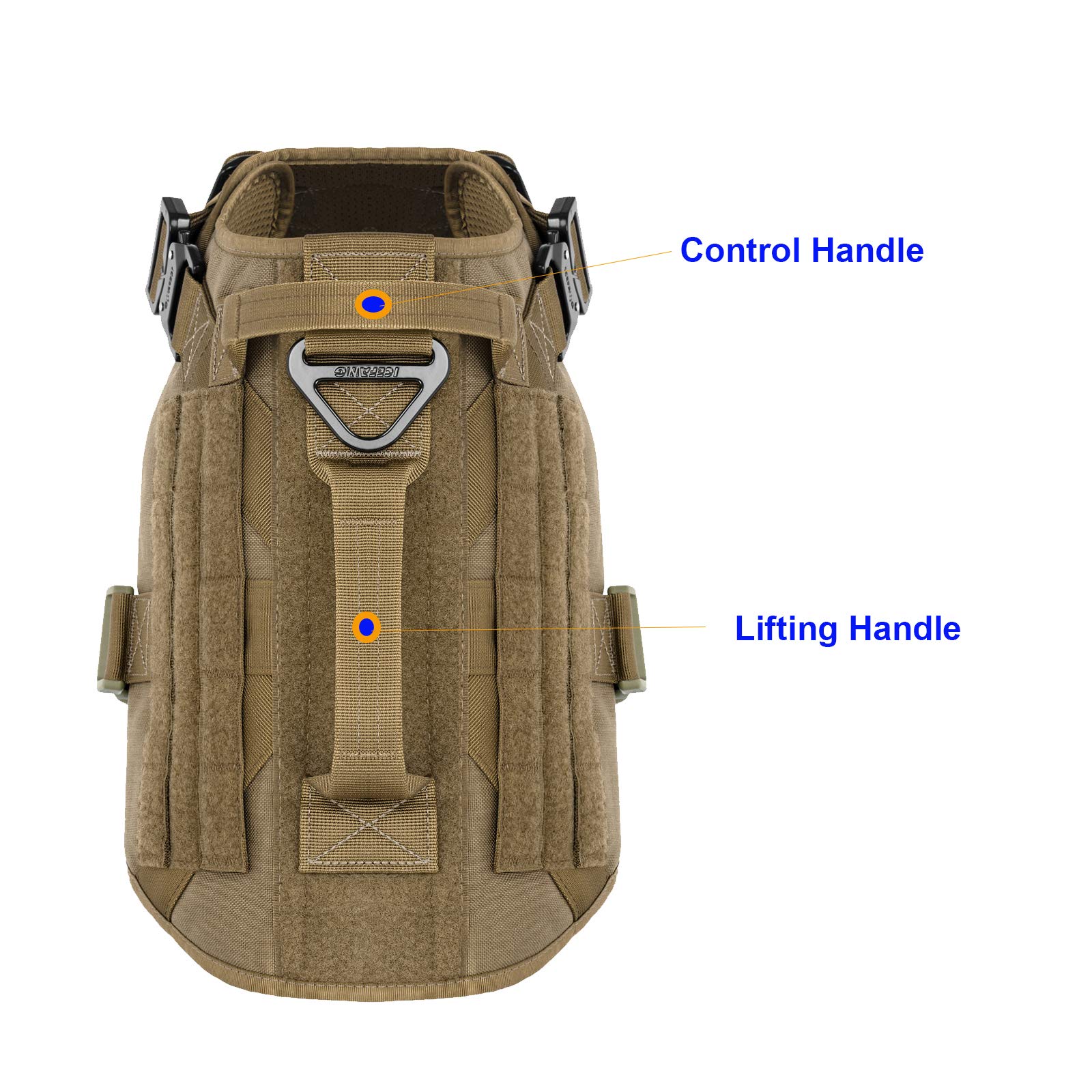 ICEFANG Taktisches Hundegeschirr mit 2 Griffen, MOLLE-Weste, kein Ziehen an der Leine vorne, Haken und Schlaufe für Hunde-Patch (XL (Halsumfang: 50,8 cm - 71,1 cm), Brustumfang: 81,3 99, Coyote Brown)