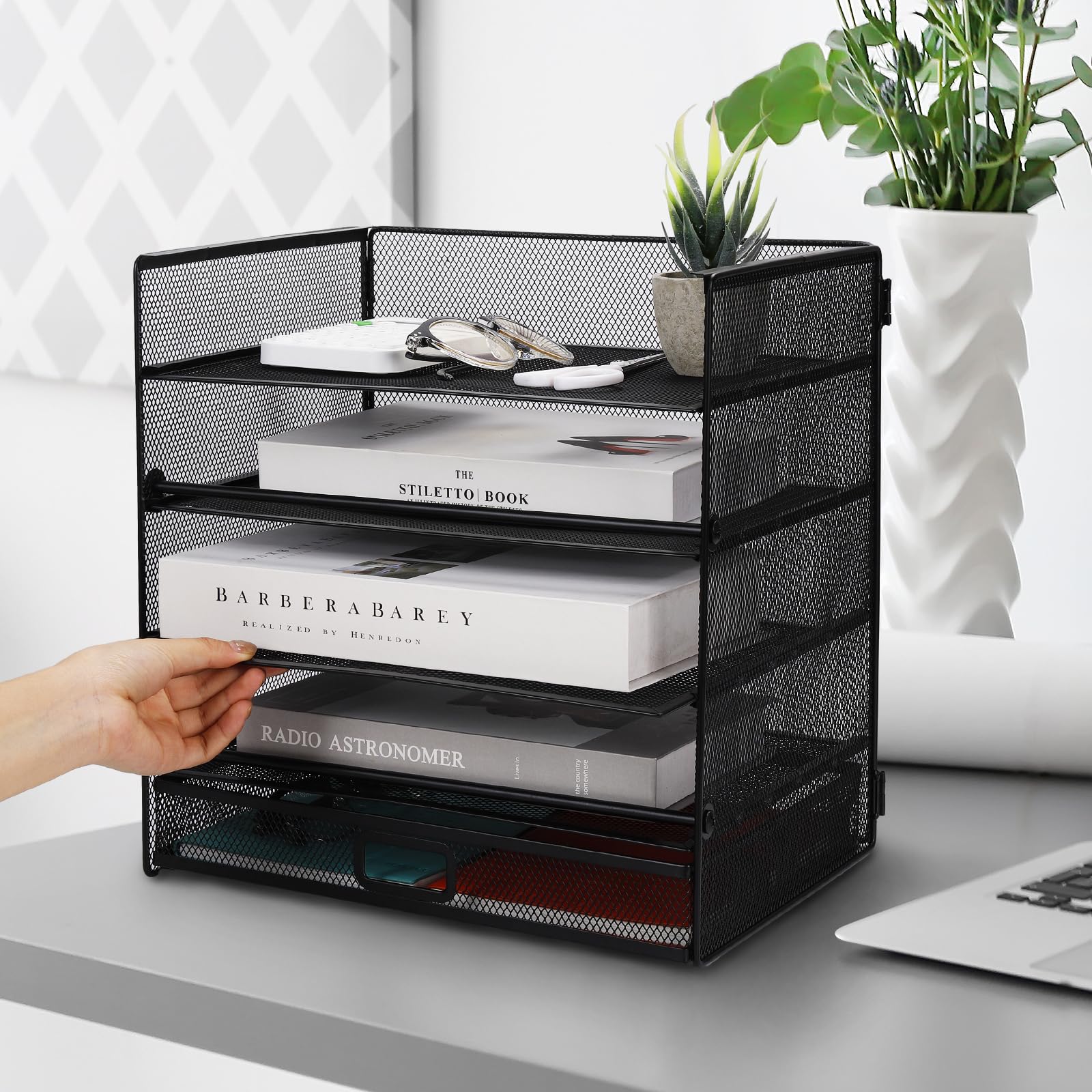 Cinnani Organizador de escritorio,bandeja de papel de 5 niveles con cajón, organizador de compartimentos de almacenamiento con carpetas,cartas,papel,bandeja organizadora de escritorio de metal (negro)