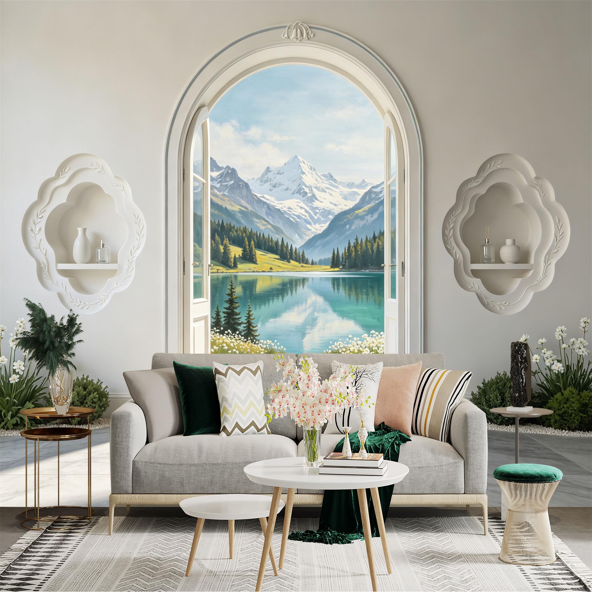 Lnzczhyre Bh260719556 Custom Size Wall Sticker Mural， Arch Window View， Snowy Mountain Peak， Serene Lakeside Landscape， Pine Forest Scenery， For Wall Decoration， Peelandstick Wall Decals.
