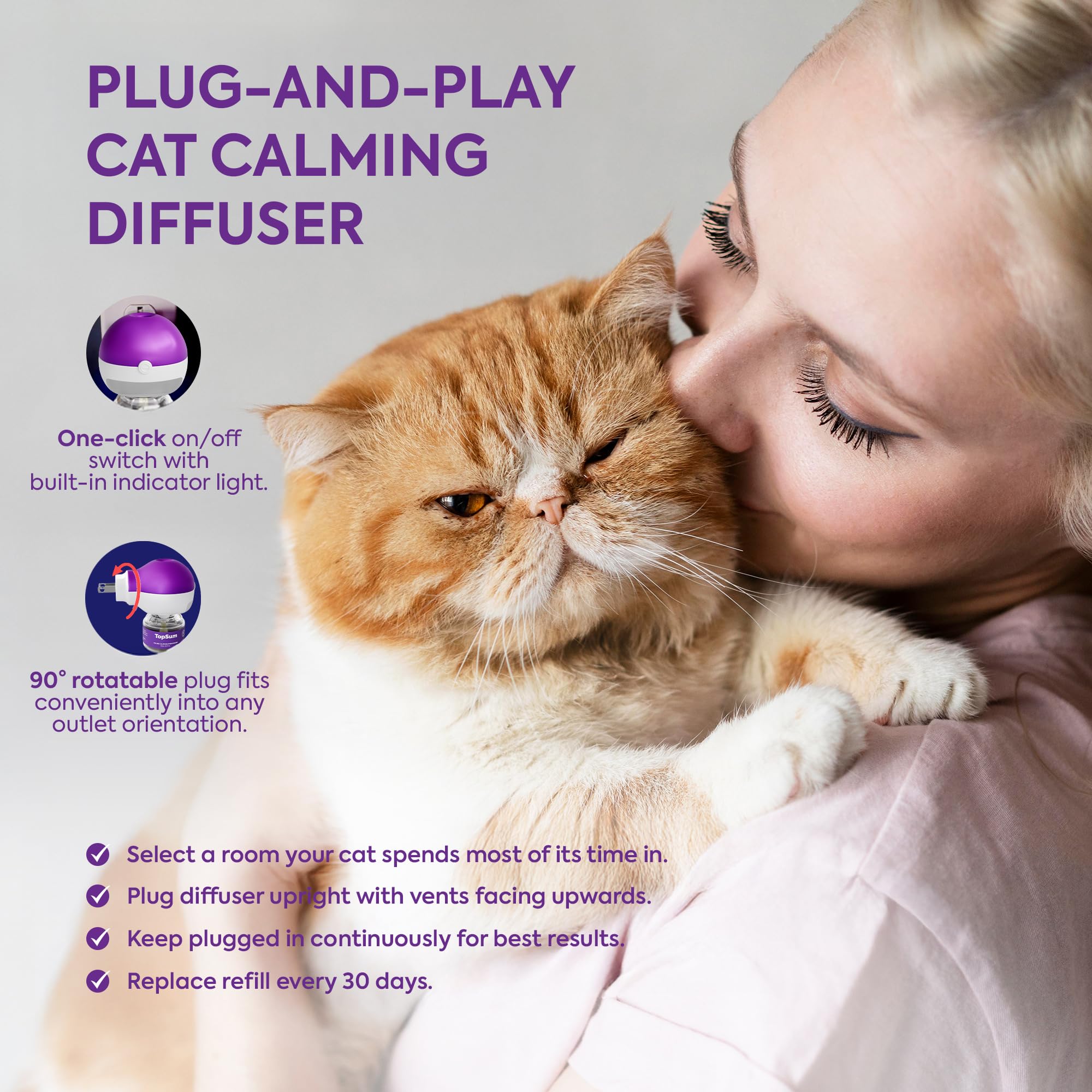 TopSum Cat Calming Pheromone Diffuser: Feline Pheromones Plug in for Stress, Along At Home, Spraying, Fighting, Scratching, Aggression & Excessive Meowing (Purple) - image 7