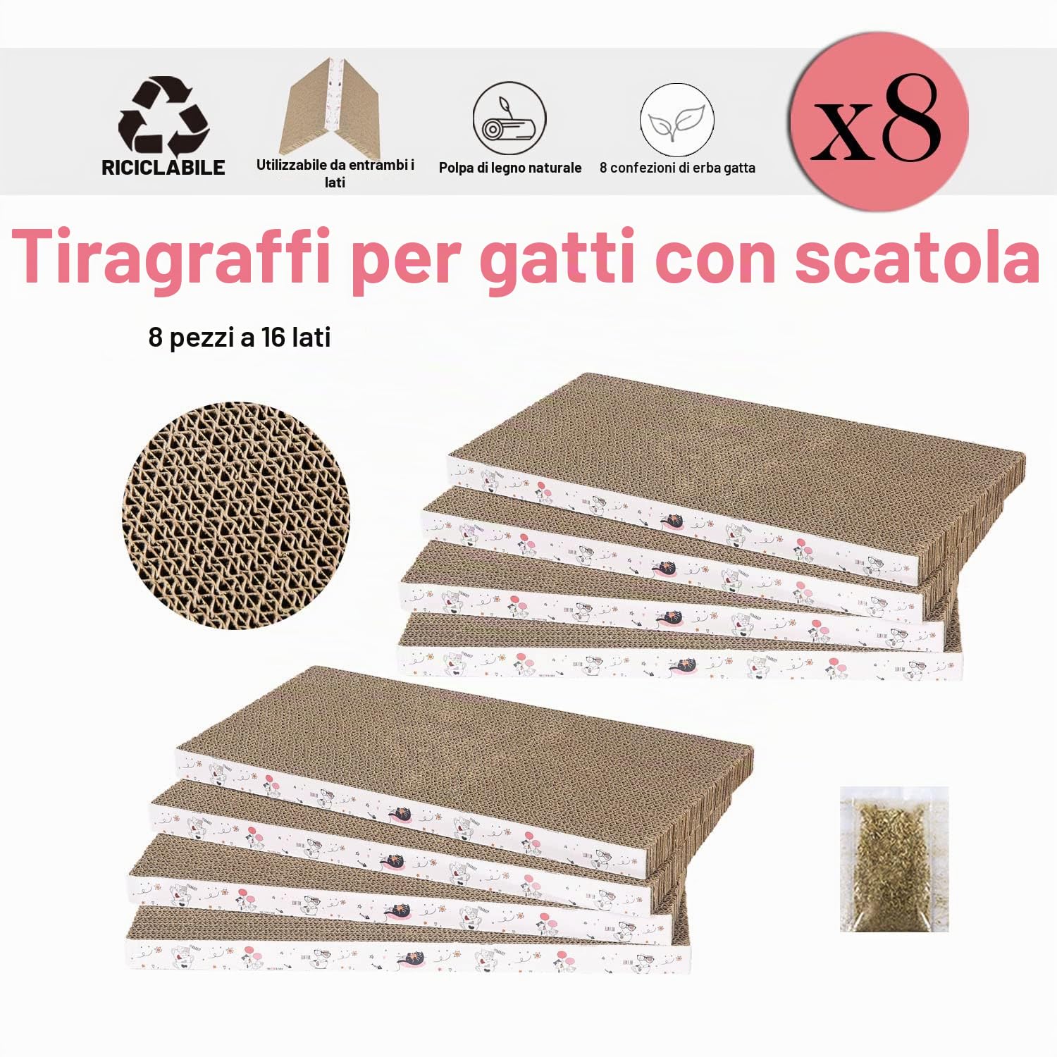 8 confezioni in 1 tiragraffi per gatti, in cartone, reversibile, resistente, riciclabile, di alta qualità, adatto per riposare, macinare artigli e giocare