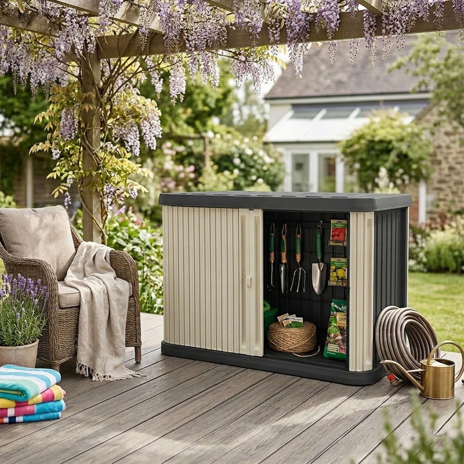 Geräteschrank für Außenbereich, Kunststoff-Gartenschrank mit Bodenplatte, Abschließbar und Wetterfest für Garten und Terrasse,Beige,Tall