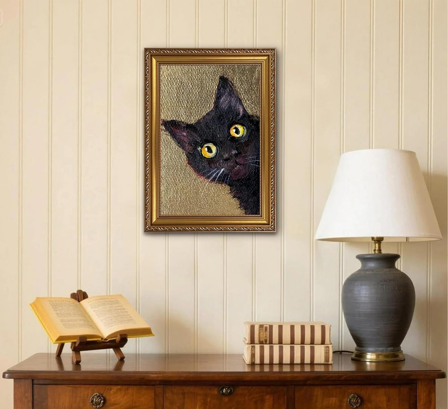 XIGBAWAN Framed Black Cat Wall Art Vintage Gold Frame Peeping Cat Poster Moody Bathroom Decor Funny Animal Painting Print for Living Room Bedroom 12x16 Inch