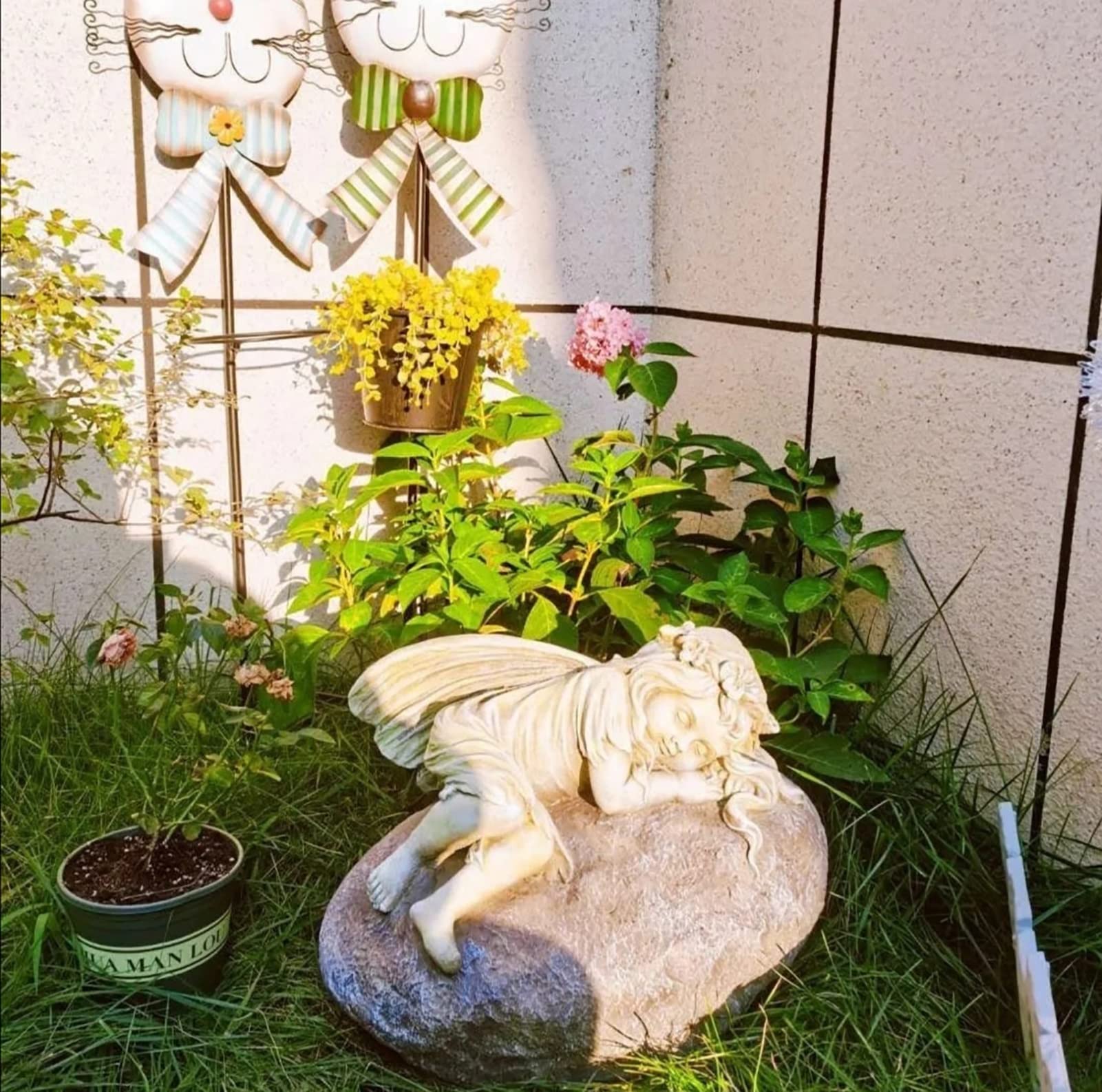 Ornamento da giardino Statua del giardino d'angelo addormentato - Ossido di magnesio cherubino che dorme su figura di pietra decorazione da giardino esterno interno