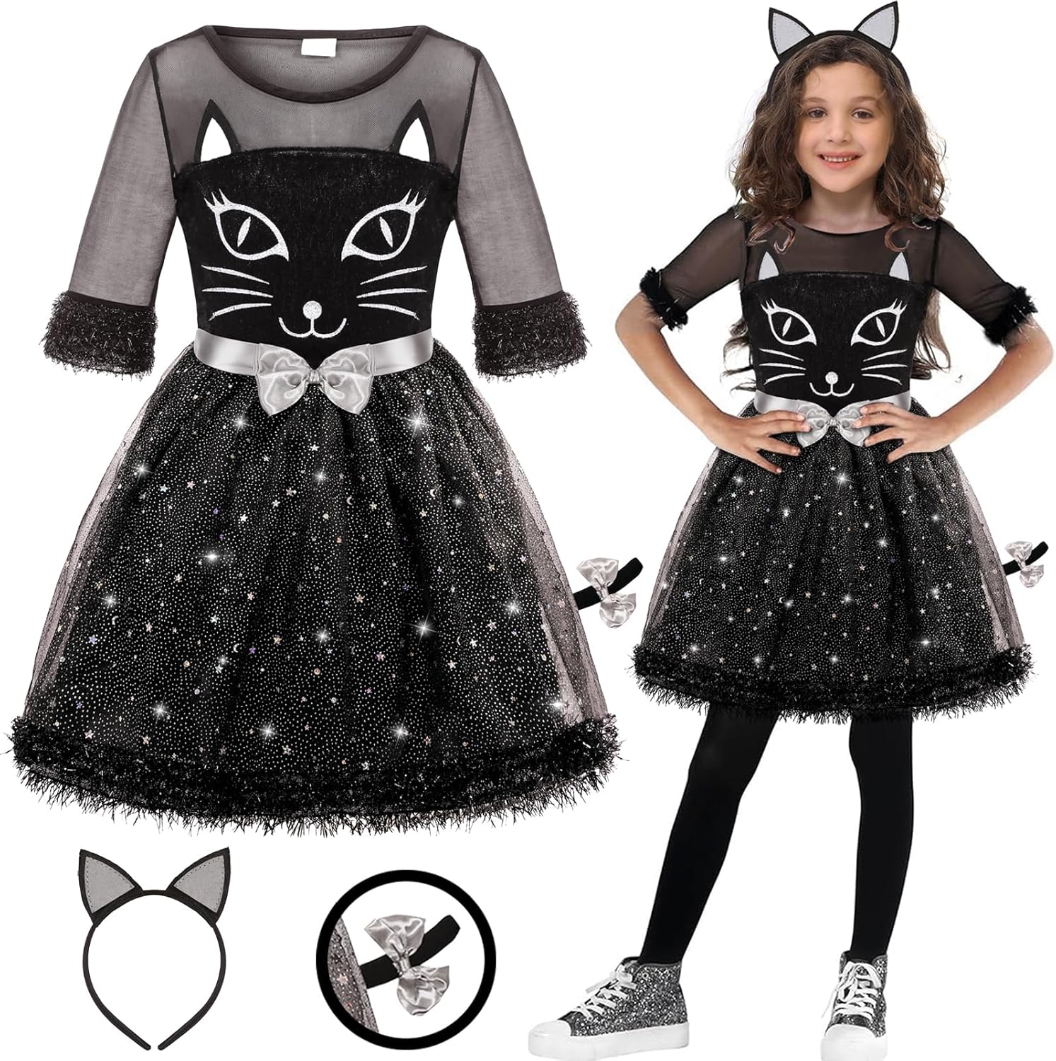 Cat Costume for Girls Halloween Cute Cat Dress Up 4-12Years 10-12 Years