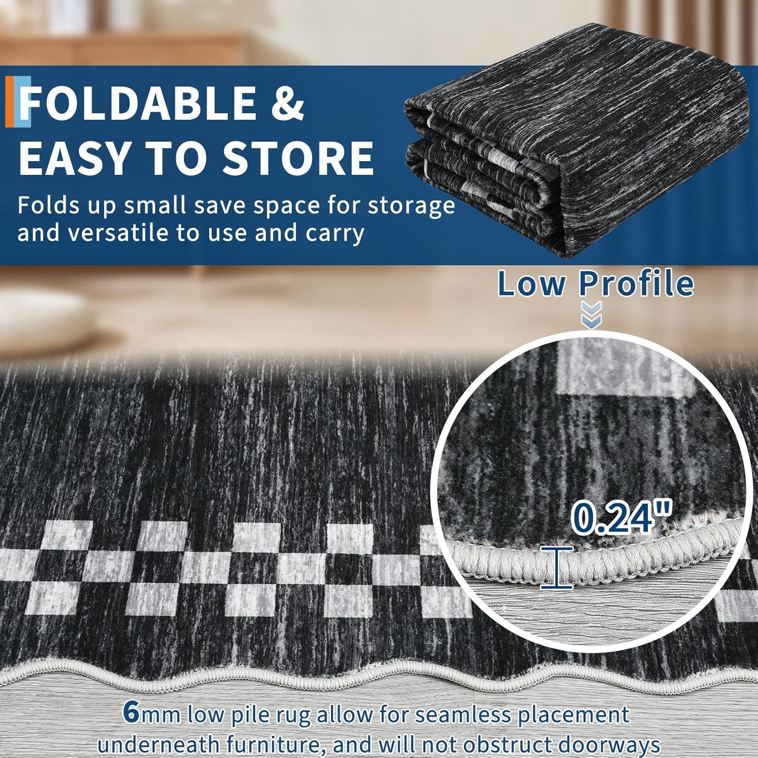 Garvee Scalloped Area Rug for Living Room 4x6 Machine Washable Non Slip Scalloped Rug Low Pile Neutral Soft Carpet Geometric Bordered Stain-Resistant for Bedroom Nursery Office Playroom, Grey