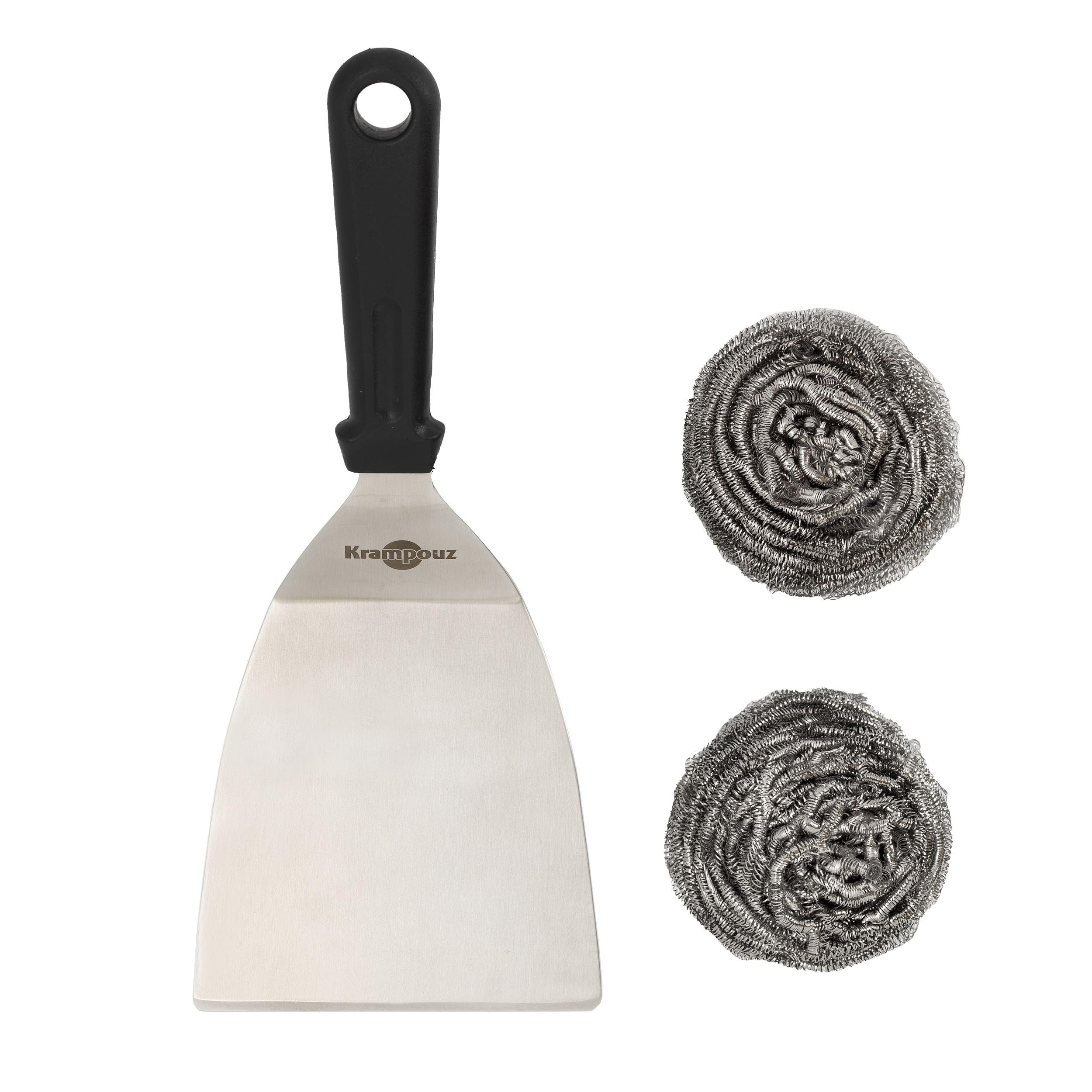 KRAMPOUZ Kit Complet de Nettoyage pour Plancha en Inox - 1 Spatule Coudée en Inox et 2 Boules Inox - Nettoyer Rapidement et Sans Effort les Planchas - Réf AKN1