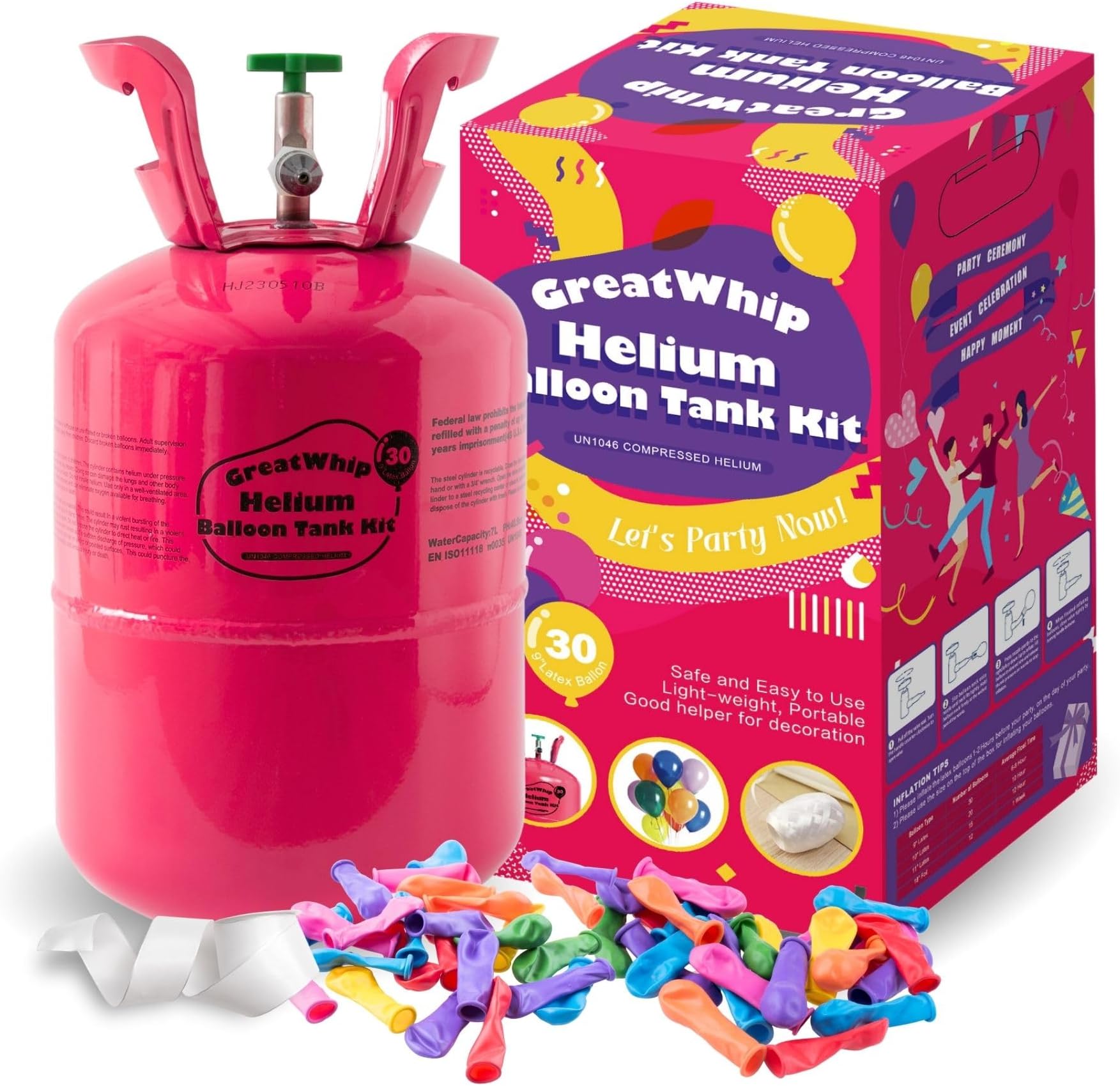 GreatWhip 7L Helium Tank for Balloons At Home Helium Balloon Pump Kit 30 Assorted Latex Balloons and Curling Ribbon Included