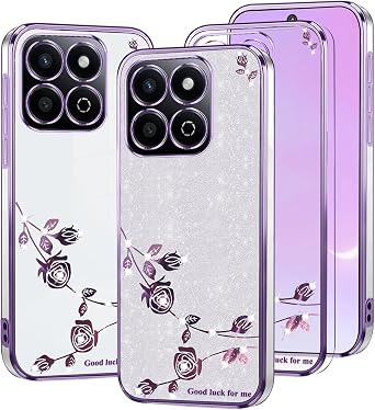 Phone Case for Honor X7c Clear Glitter Floral, Cute Slim for Honor X7c Case Silicone Shockproof Protective Women Girls Cover Sparkle Aesthetic Purple-Silver