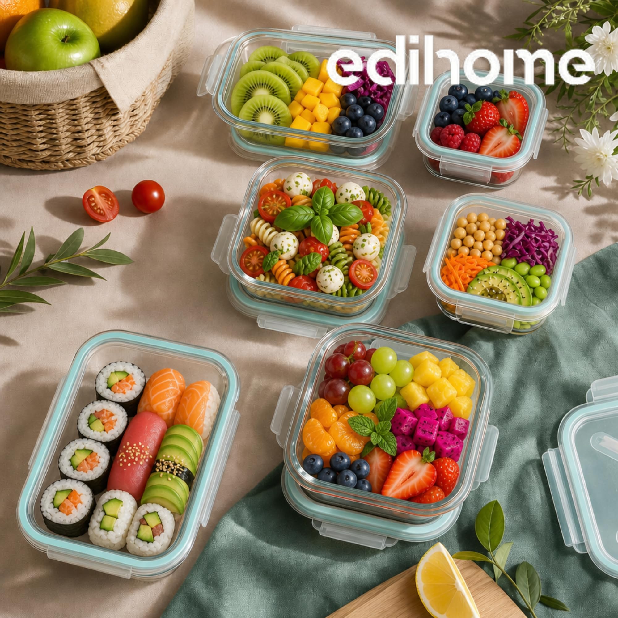 edihome, Contenitori Ermetici per Alimenti Vetro, 8,14 o 18 pezzi (contenitori + coperchi), a tenuta d'aria, a prova di perdite - Senza BPA, approvato dalla FDA e dal FSC (7 contenitori)