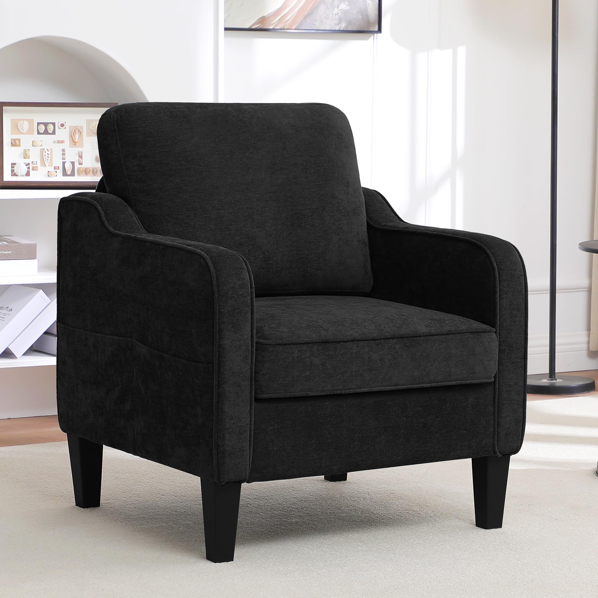 choairy Mid-Century Armchair with Side Pockets, Black