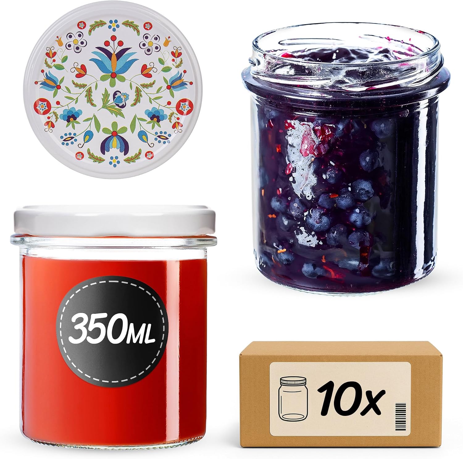 KADAX Jam Jars 350 ml with fi82 mm Screw Lid, Small Preserving Jars with Lids, Preserving Jars for Preserving, Screw Jars for Jam & Honey (Flowers, Pack of 10)