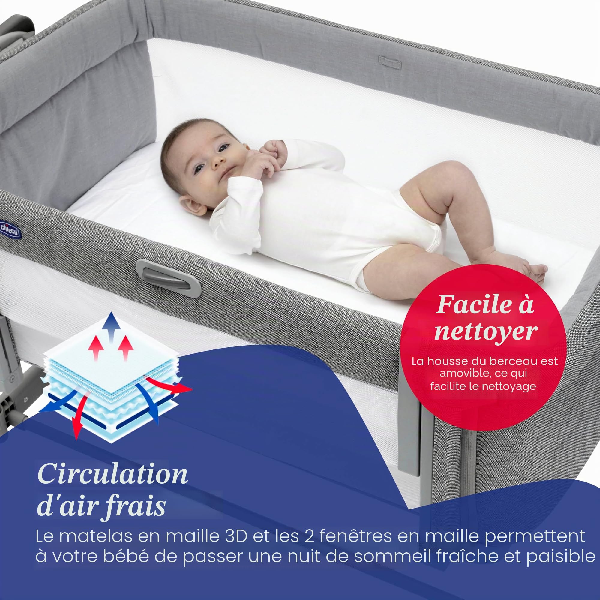 Chicco Next2Me Magic Evo Berceau de cododo pour bébé, Compatible avec différents Lits, Mode à Bascule, Hauteur réglable, barrière coulissante, 4 Roues, Bonne Circulation de l'air, Matelas et Sac