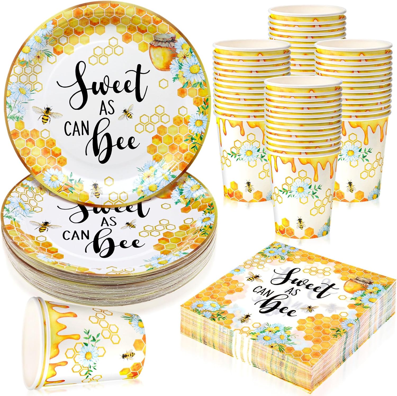 200 Pcs Sweet as Can Bee Baby Shower Paper Plates Napkins Cups Honey Bee Party Decoration Honeybee Party Supplies Disposable Tableware Set for 50 Guest Boy Girl Birthday