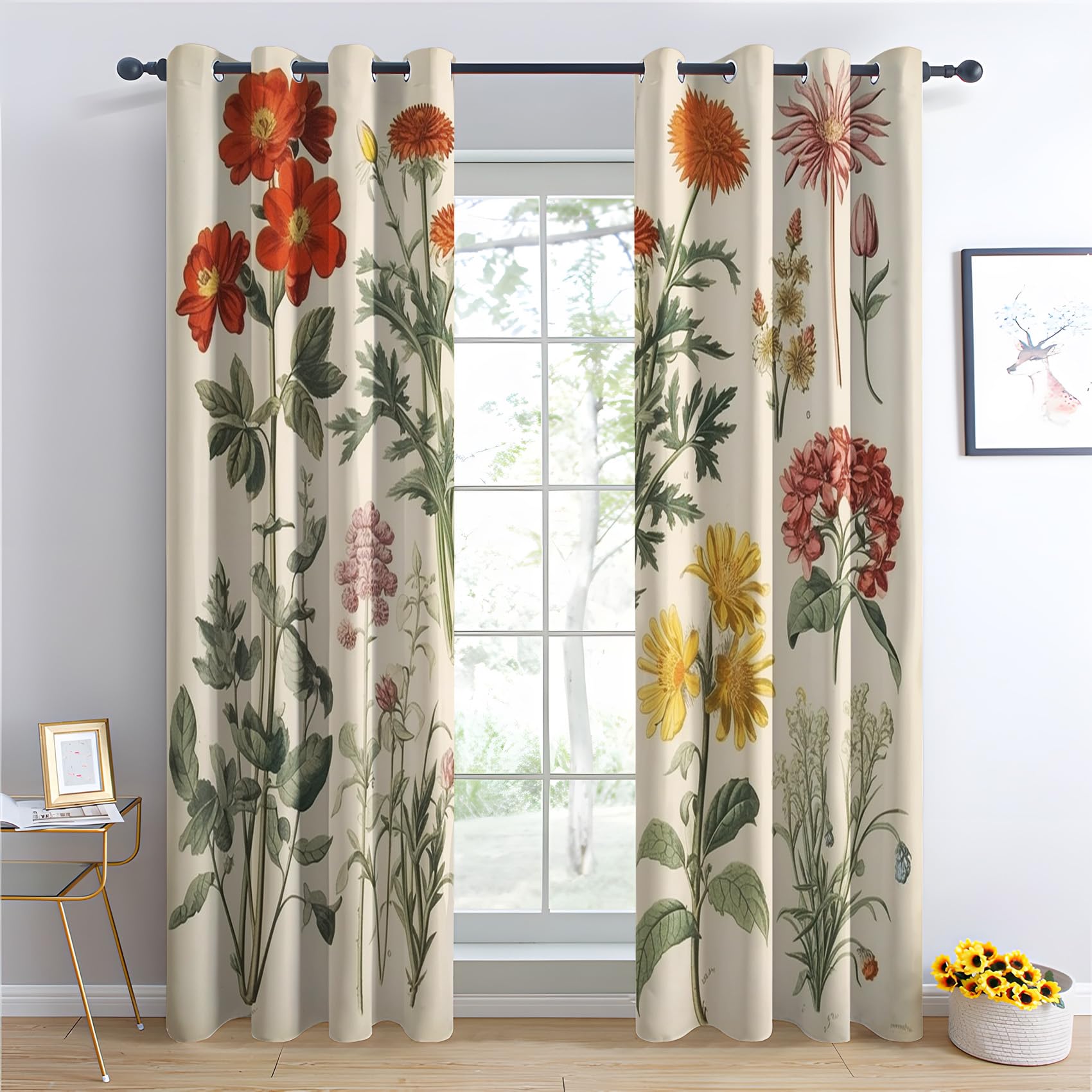 Rideau Occultant Fleurs, Rideau Isolant Thermique pour Salon Chambre, Rideaux Motif Plantes Floral, Rideau Opaque à Oeillets, Lot de 2 Rideaux et Draperies Intérieur 140x160cm LxH