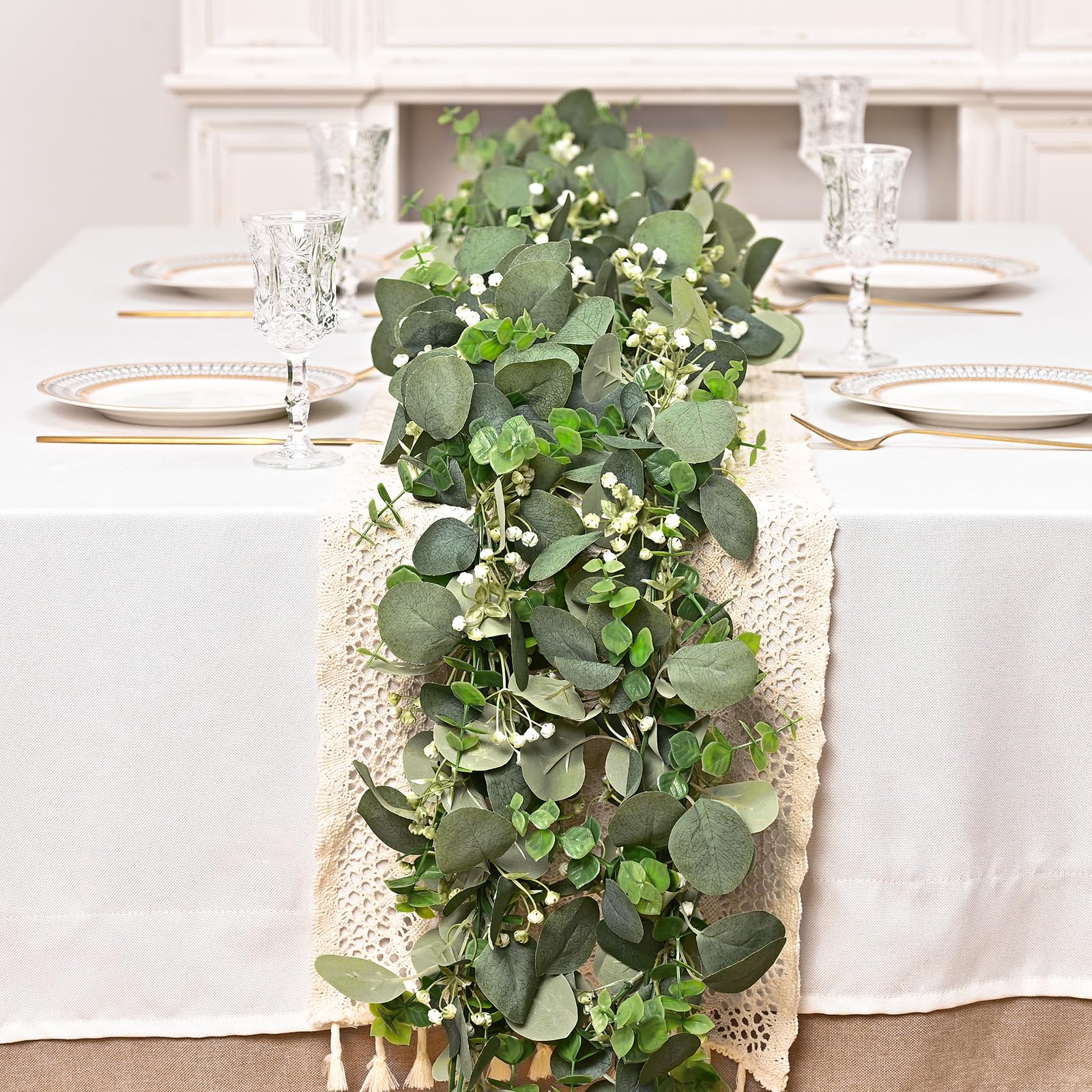 Dolicer Lot de 6 guirlandes d'eucalyptus artificielles de 1,8 m avec graines blanches, fausses guirlandes de verdure à suspendre pour toile de fond de mariage, arche, table, mur, fête, décoration