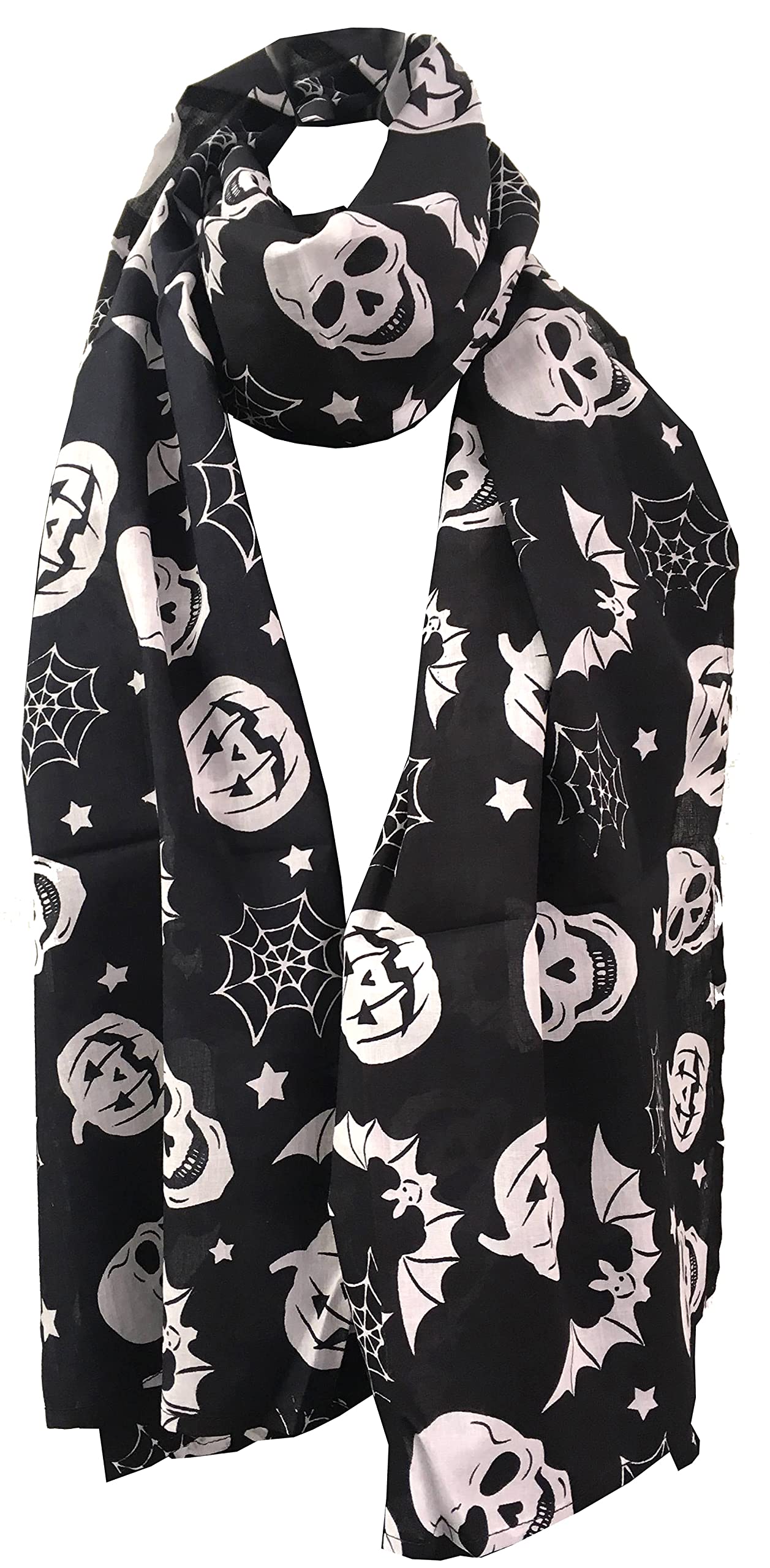 Namaste Trends Halloween Theme Lightweight Scarf With Spooky Scary Skulls, Pumpkins,Bats Pattern, Black & White, Medium