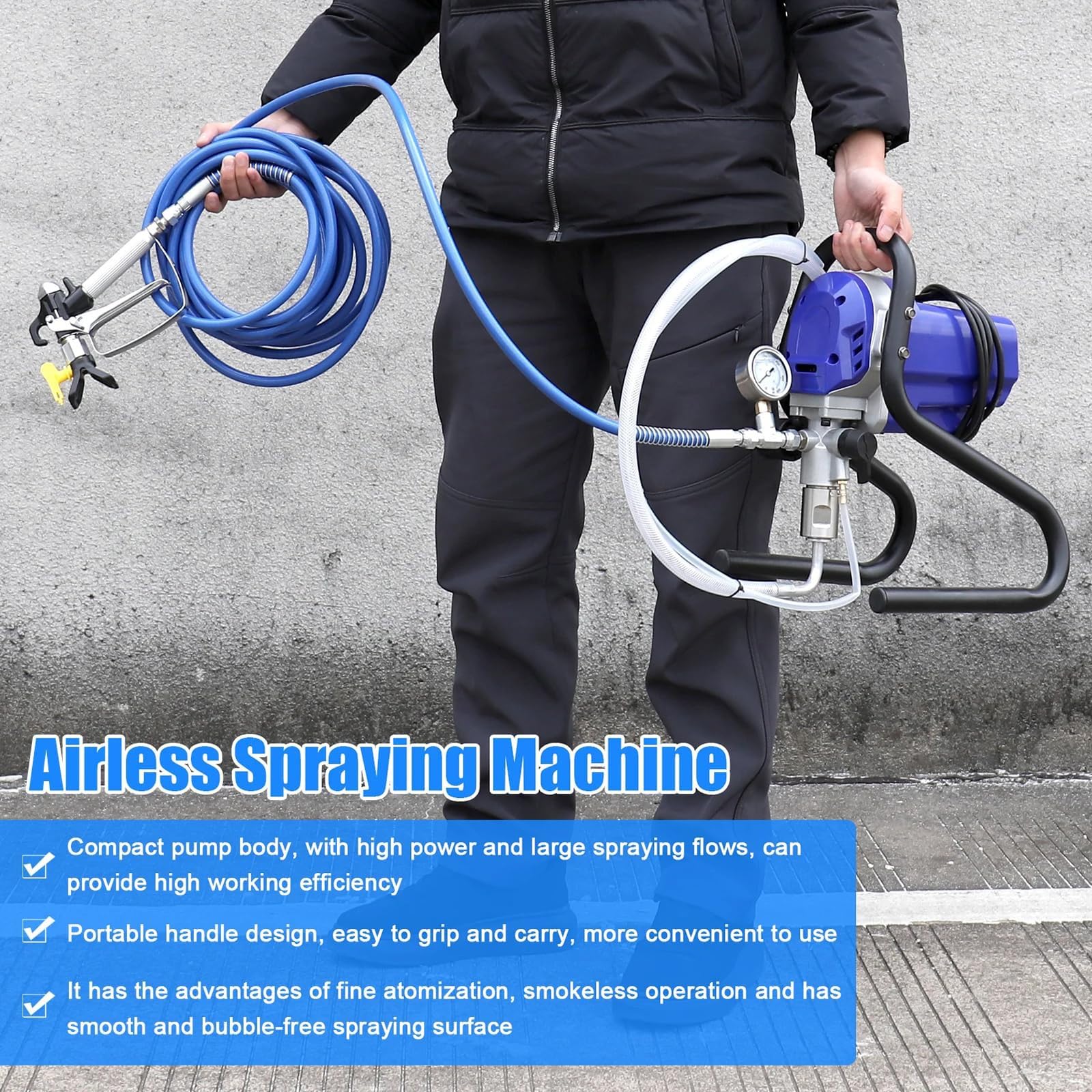 Airless agregat malarski, elektryczny rozpylacz 750 W z manometrem, wąż 5 m, natężenie przepływu 1,2 l/min, regulowane ciśnienie do domu na zewnątrz i do wnętrz DIY malowanie