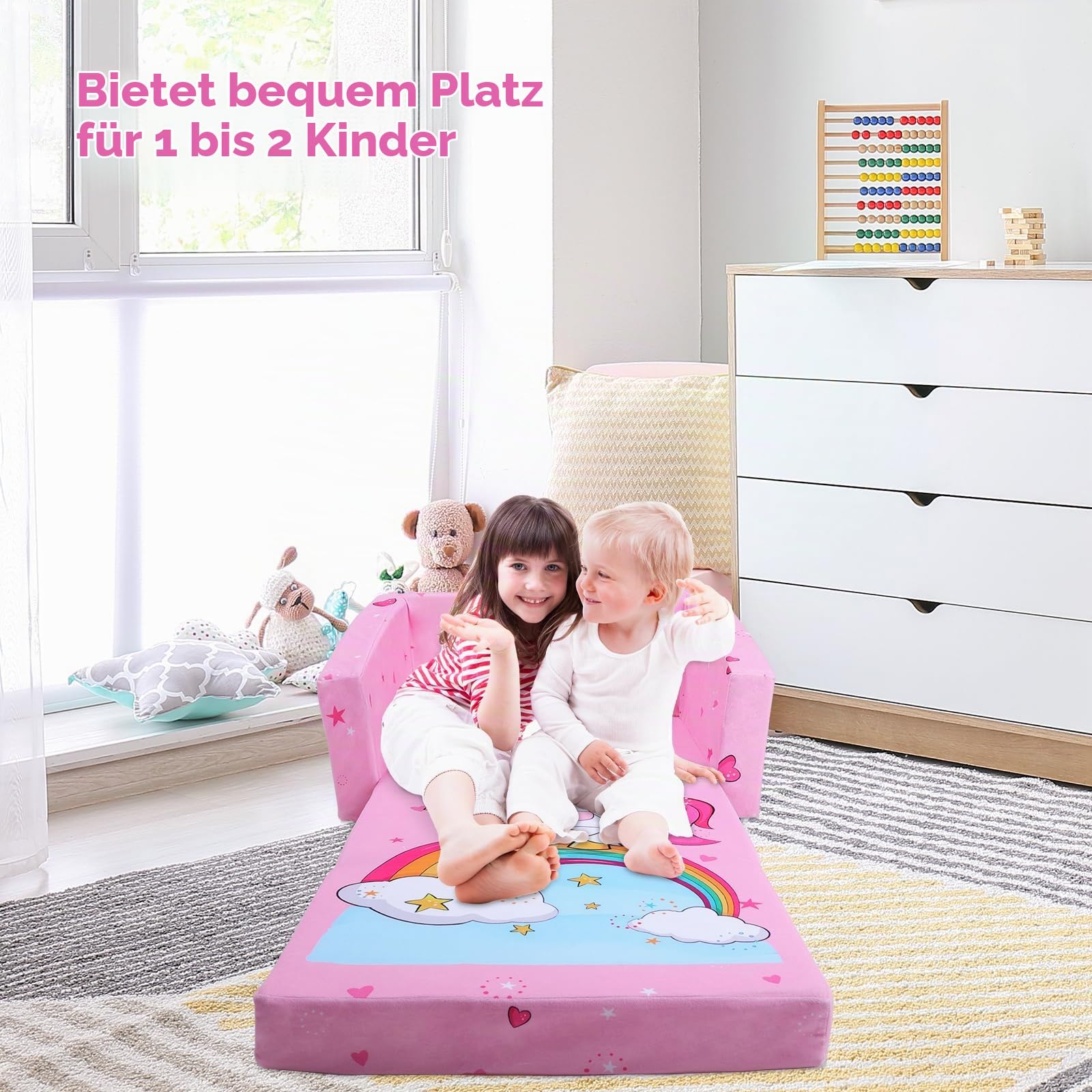 Faltbarer KinderSofa-Rückenlehen-Sessel 2 in 1, Standfest Kindersessel mit Stofftasche und Rutschfestes Kissen, Weiche Leichte Flip Open Kinderstuhl für Schlafzimmer Wohnzimmer Spielzimmer, Einhorn