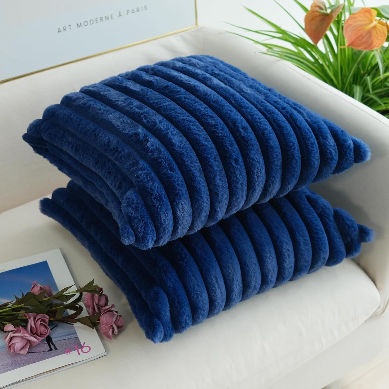 JOJUSIS Pack of 2 Faux Fur Plush Decorative Throw Pillow Covers Couch Cushion Case Soft Pillowcases (Navy Blue, 24 x 24-Inch)