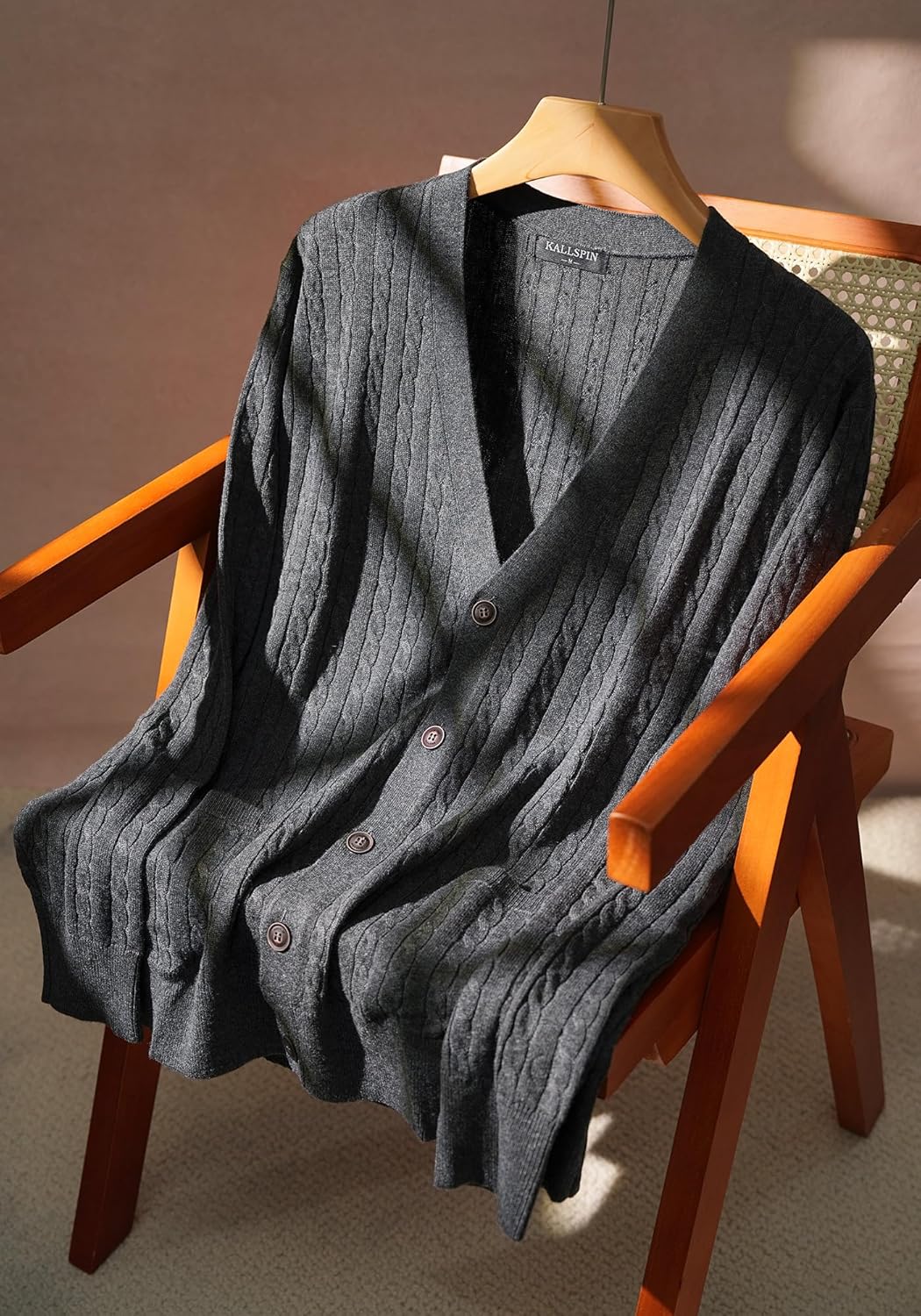 Kallspin Men's Cardigan Sweater Wool Blend Cable Knit V Neck Buttons Cardigan with Pockets - Image 3