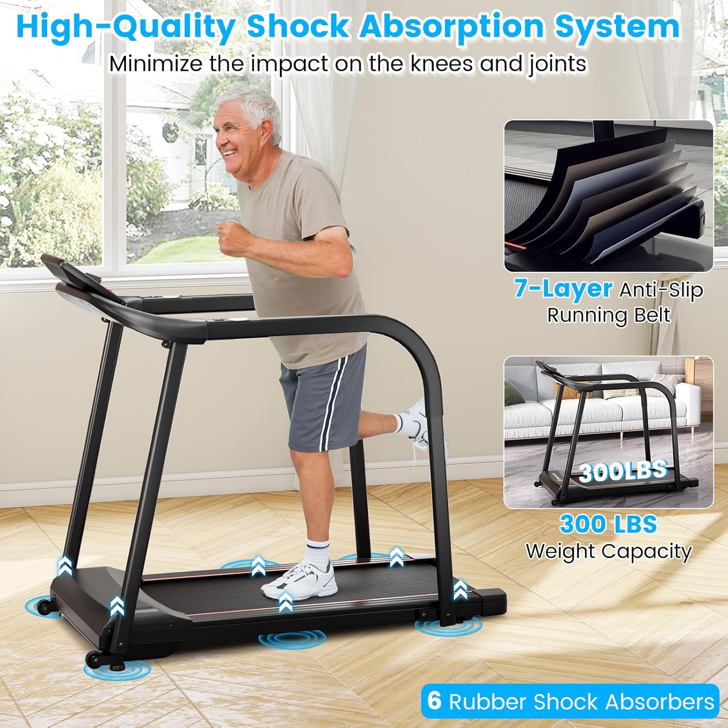 Image showing the 7-layer anti-slip running belt and 6 rubber shock absorbers.