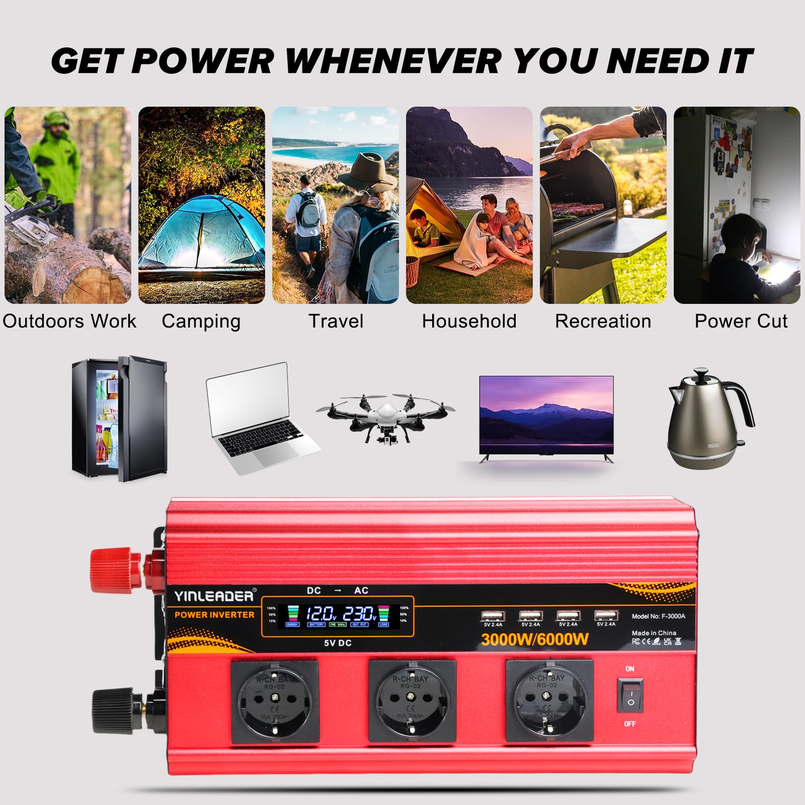 Yinleader Convertisseur 12v 220v 3000W onduleur télécommande 4 x USB et LCD 3 Prises AC