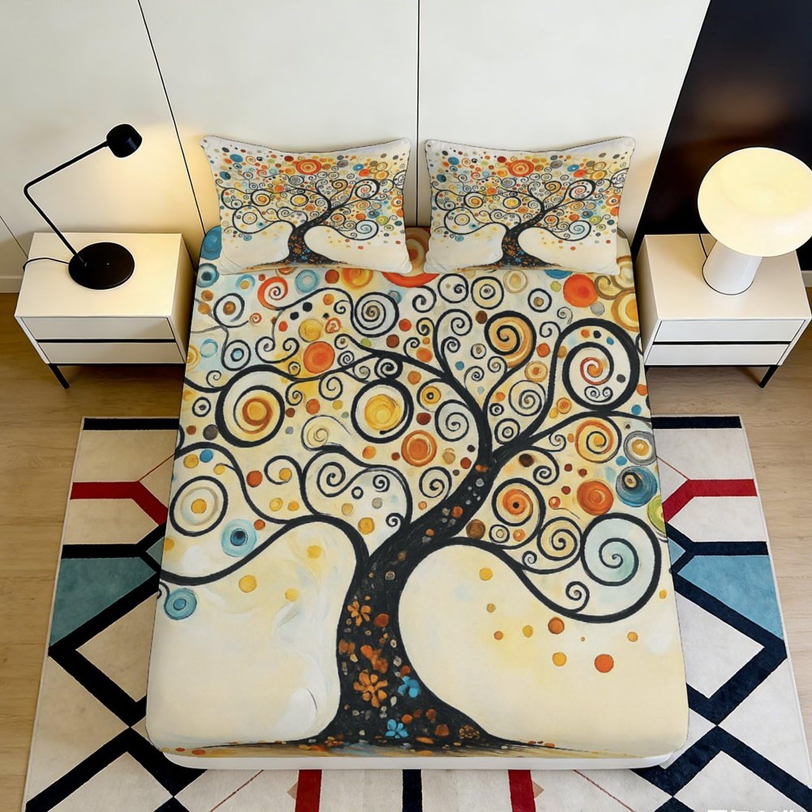3D Printed Artistic Tree Fitted Sheet Microfiber Soft Colourful Swirl Bed Sheet for Bedroom Guest Room Mattress Decor 90x200x25cm