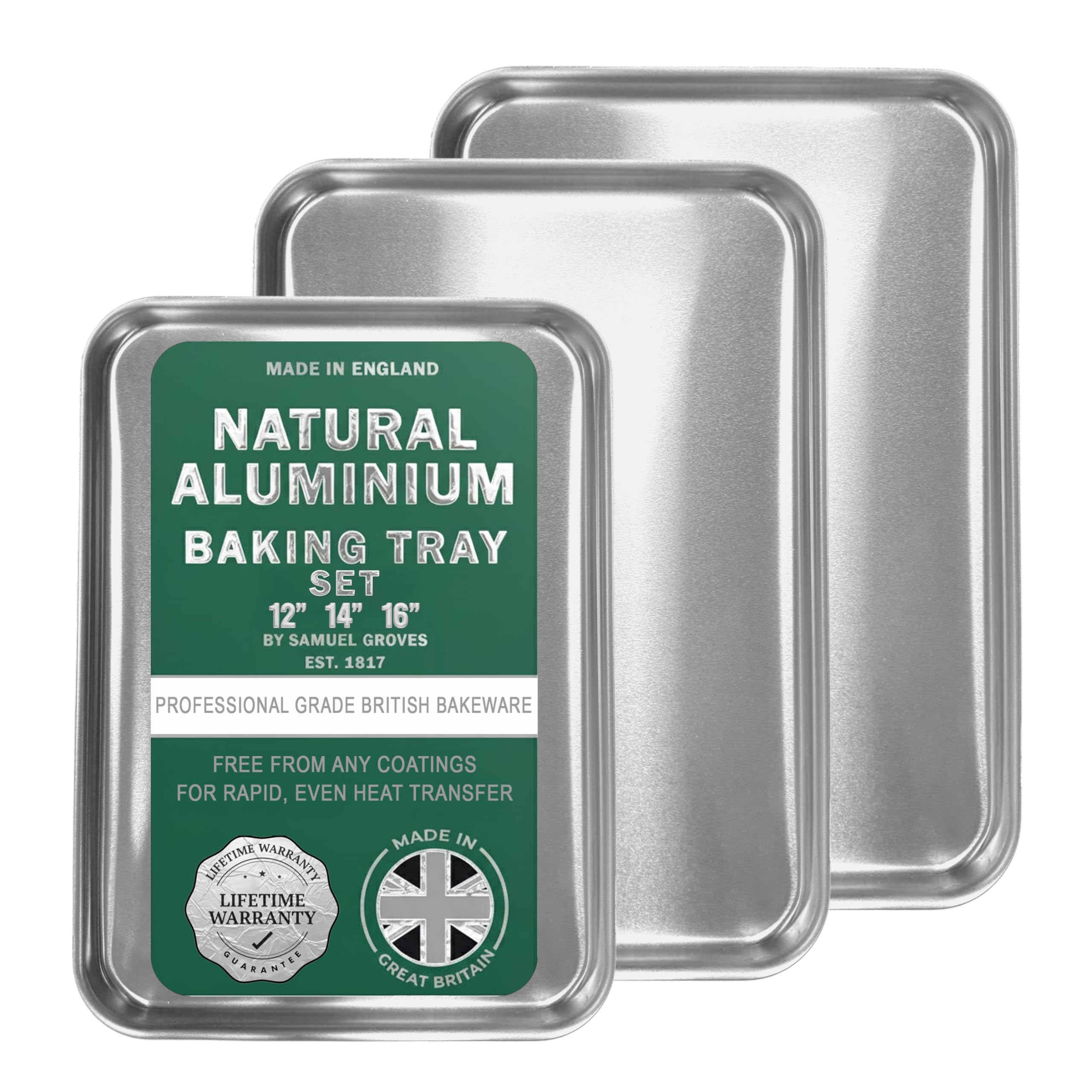 Samuel Groves Professional Aluminium Baking Tray - Made in England - Non-Toxic Natural Uncoated Aluminium Oven Tray - Superior Heat Conductor, Warp-Resistant (Baking Tray, 3 Piece Set)