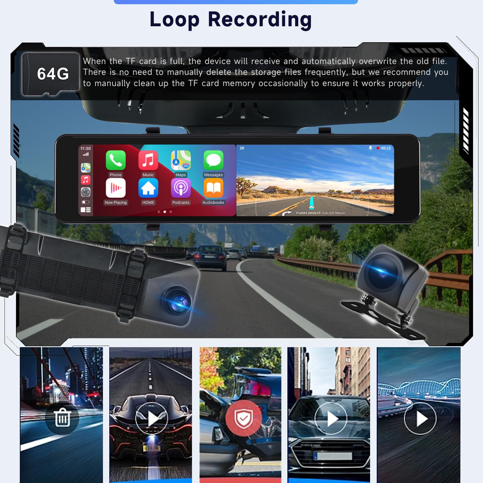Spiegel dashcam met draadloze Apple Carplay Android Auto Bluetooth, 9,66 inch HD IPS touchscreen, dashcam met frontcamera, achteruitrijcamera, spraakbesturing, FM-zender, loop-opname, parkeerhulp
