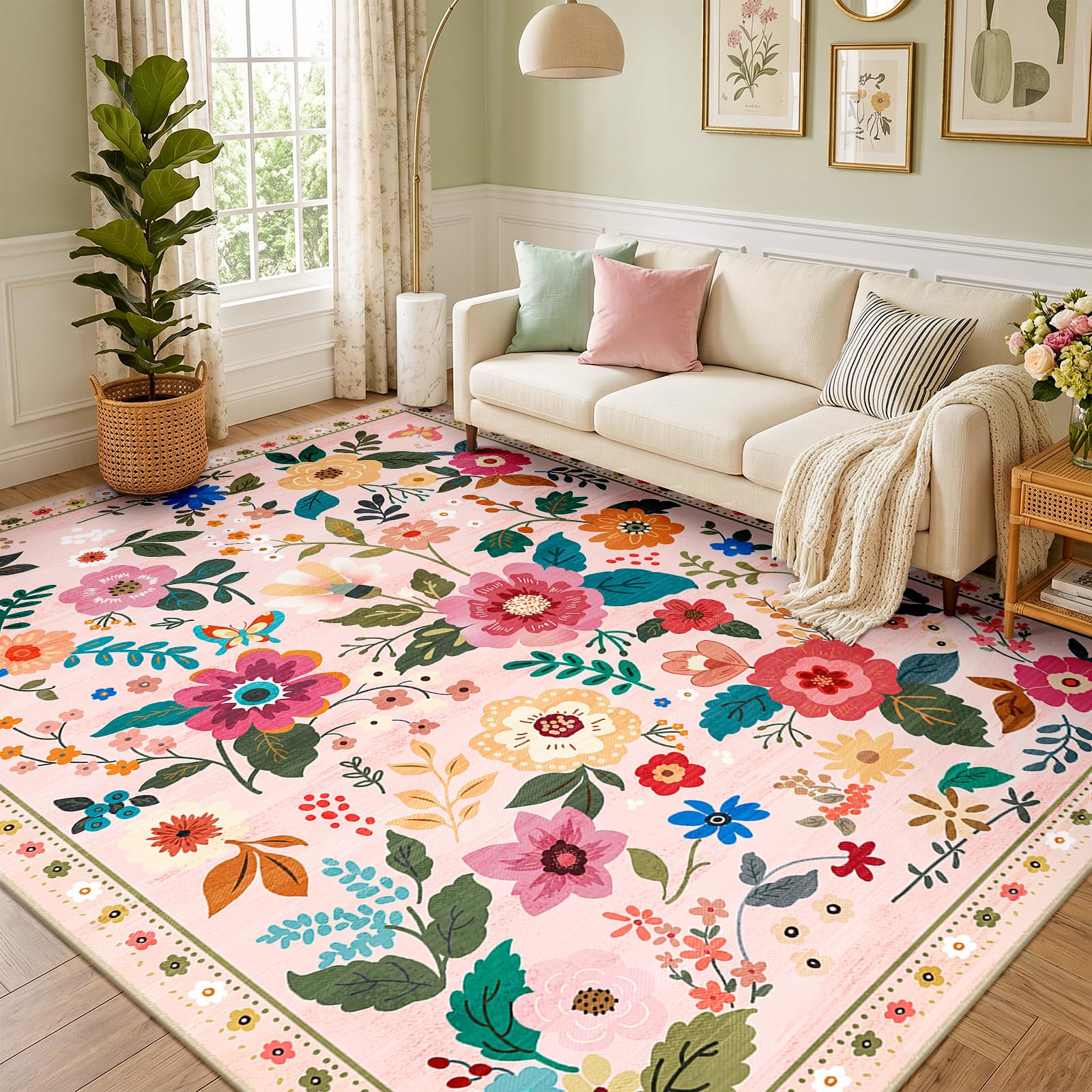 DEFYNEE Machine Washable Rugs Living Room, 240×300cm Floral Rug, Non-Slip Low Pile Boho Vintage Floral Carpet with Printed Design for Kids Room, Bedroom, Kitchen, Entryway, Lounge, Pink/Beige