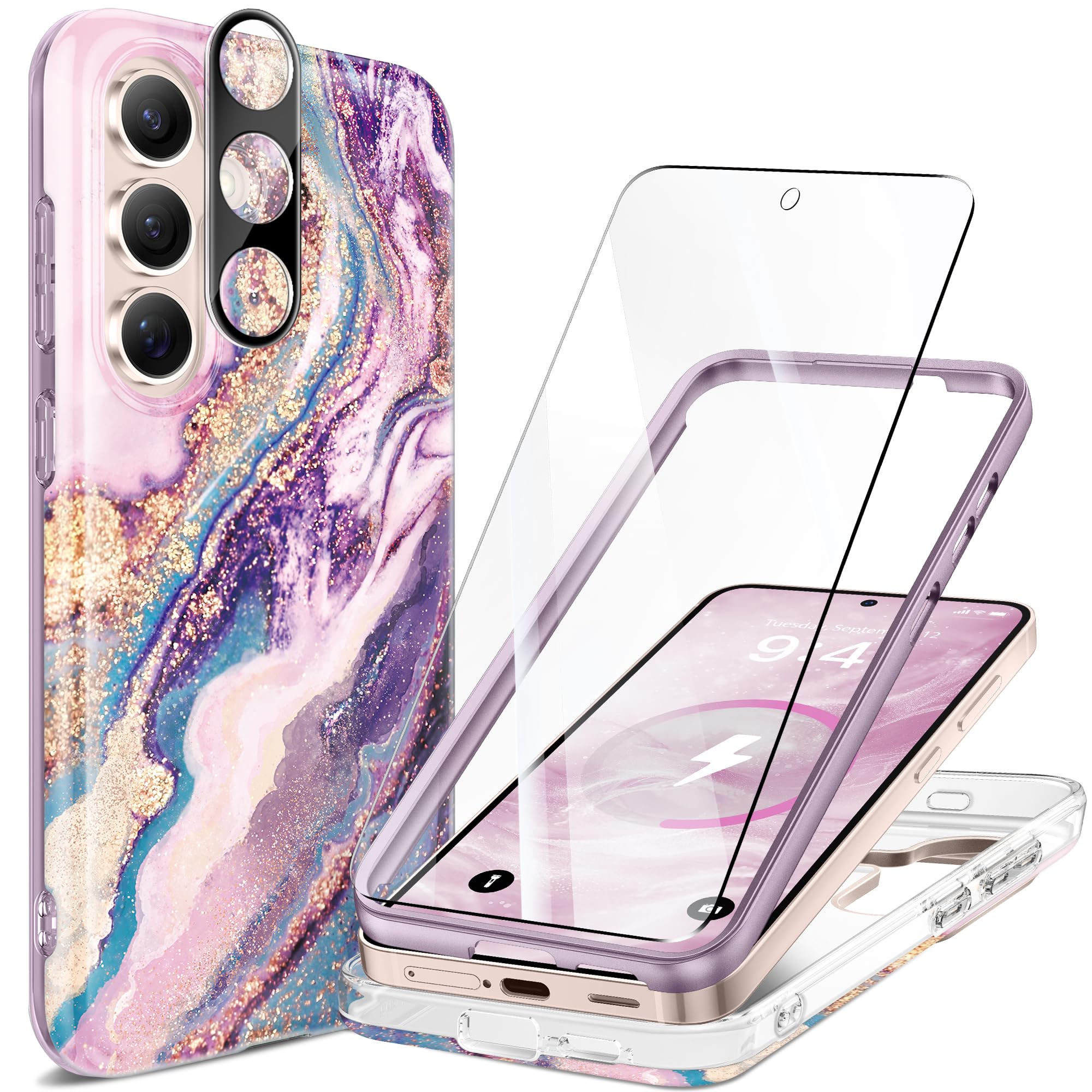 GVIEWIN Magnetic for Samsung Galaxy S25 Plus Case [Compatible with MagSafe] [AI-Tested Dropproof] Marble with Camera Lens+Screen Protector Shockproof Phone Cover for S25+ Plus (Dreamland River/Pink)