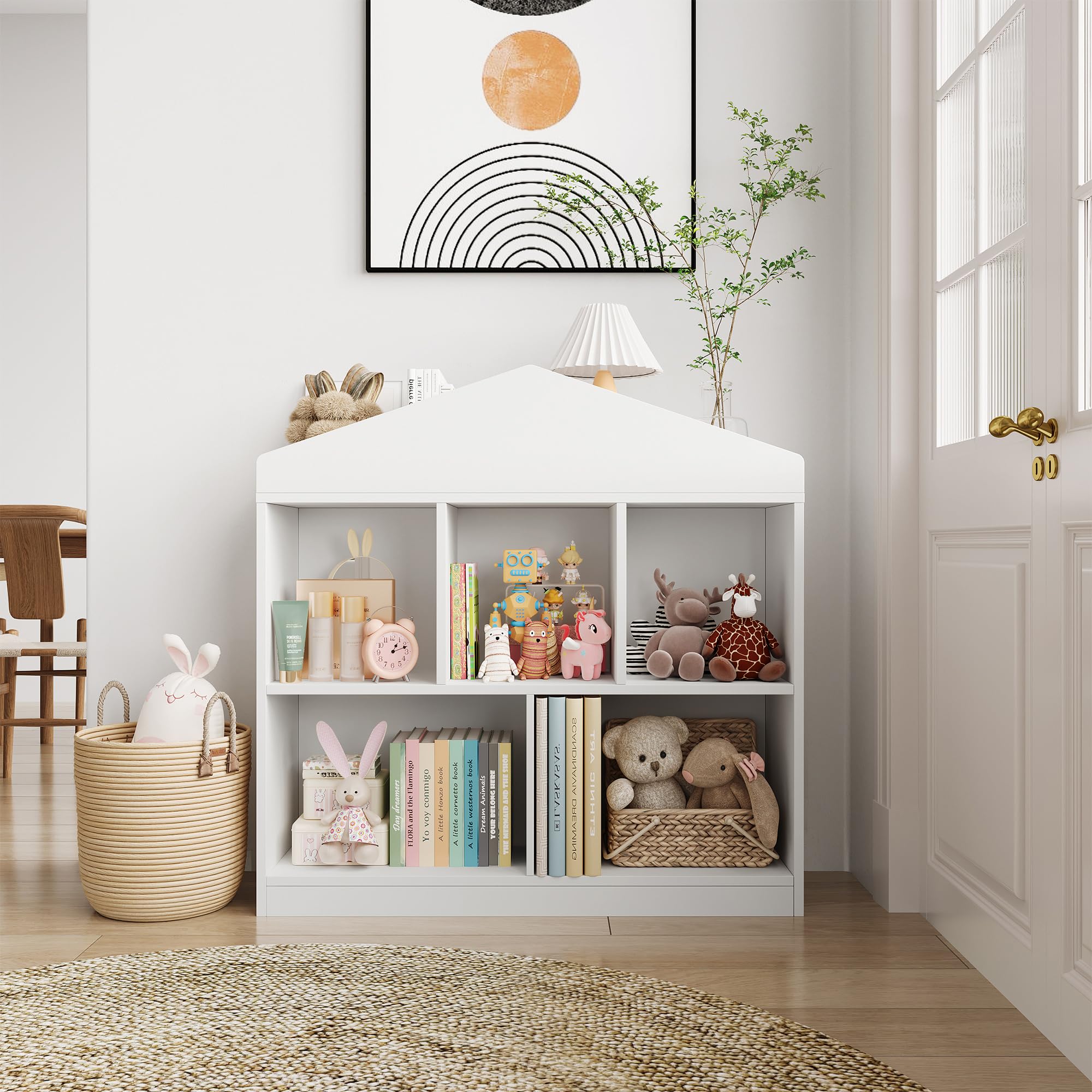 GarveeHome Estantería Infantil Blanca de Madera con 5 Compartimentos y Techo - Organizador Moderno para Libros y Juguetes Habitaciones Infantiles, aulas y Salas de Juegos - Blanco
