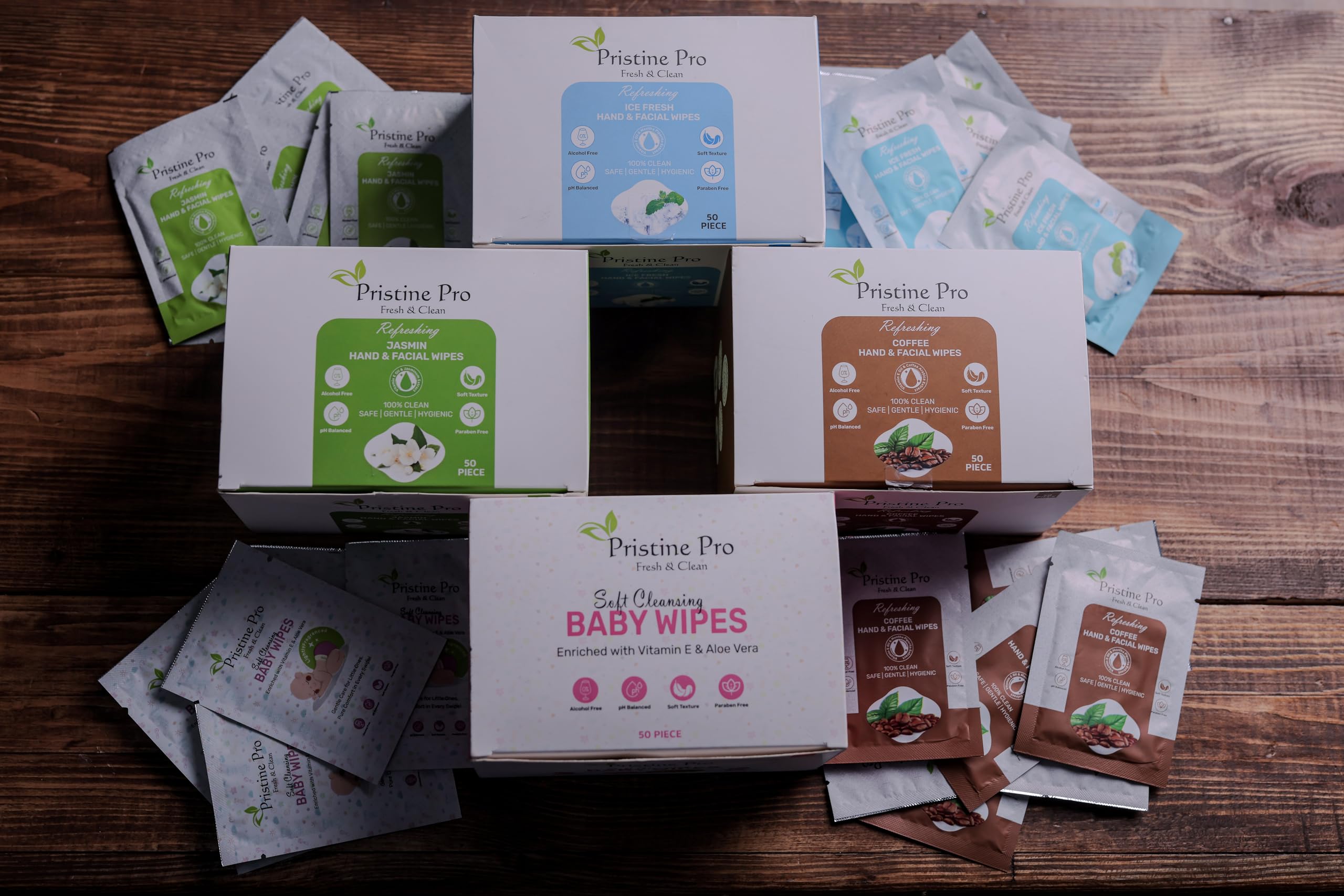 Pristine Pro Fresh & Clean Combo Pack of 4 Wipes | Jasmine, Ice Fresh, Coffee, & Baby Wipes | Enriched with Vitamin E & Aloe Vera | Alcohol-Free, pH Balanced, Paraben-Free | 50 Wipes Each-image-28