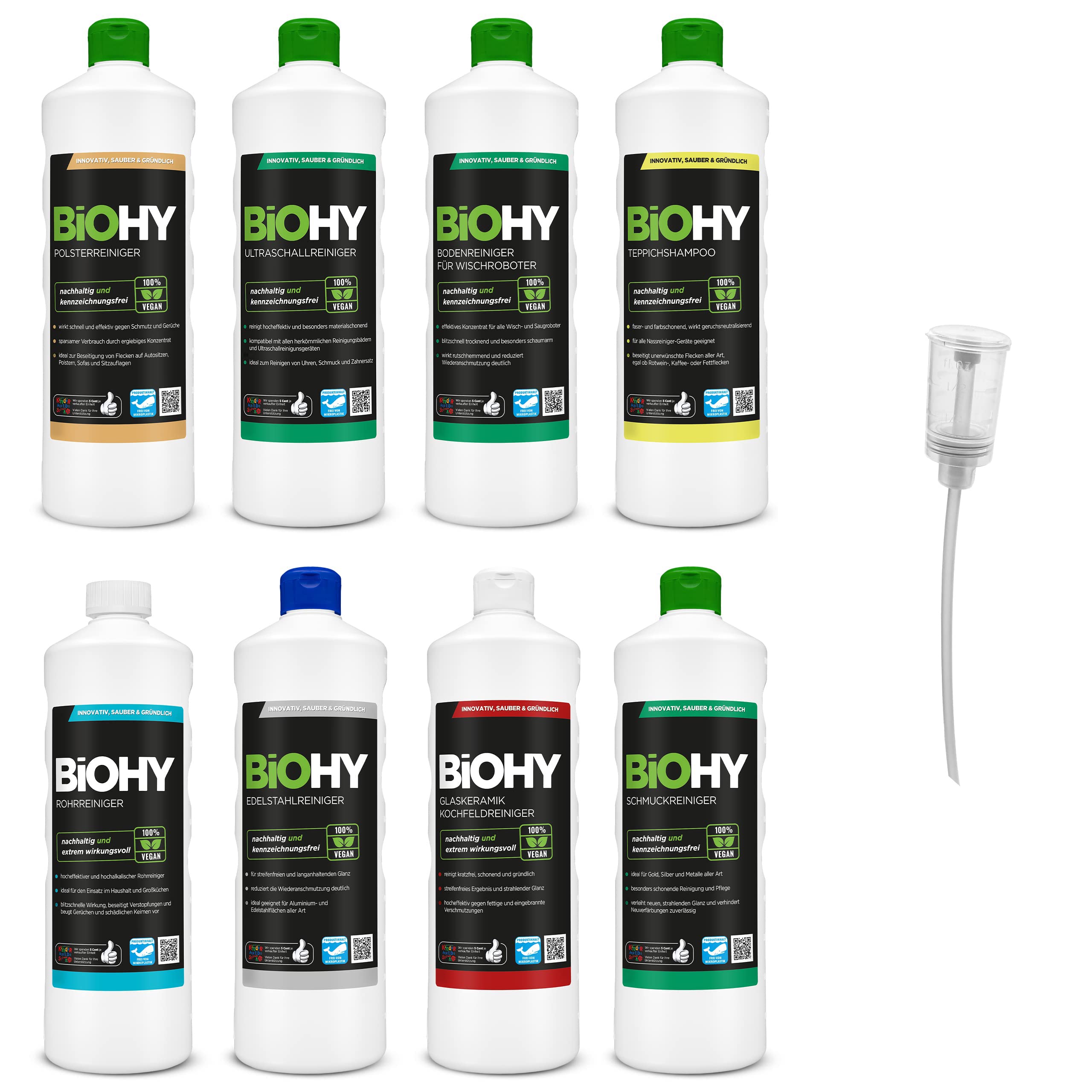 BiOHY Juego combinado de detergentes con dosificador (8 x 1 L) | para todos los ámbitos de aplicación | potente y eficiente | 100% limpiador vegano sin microplásticos nocivos