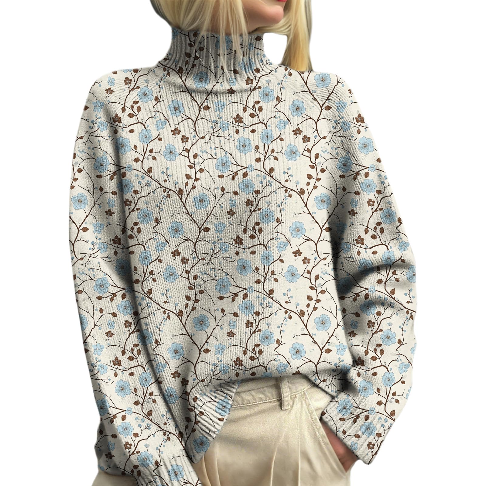 Womens Floral Mock Neck Sweaters Boho Flower Graphic Knit Oversized Sweaters Fall Trendy Soft Dressy Pullover Tops