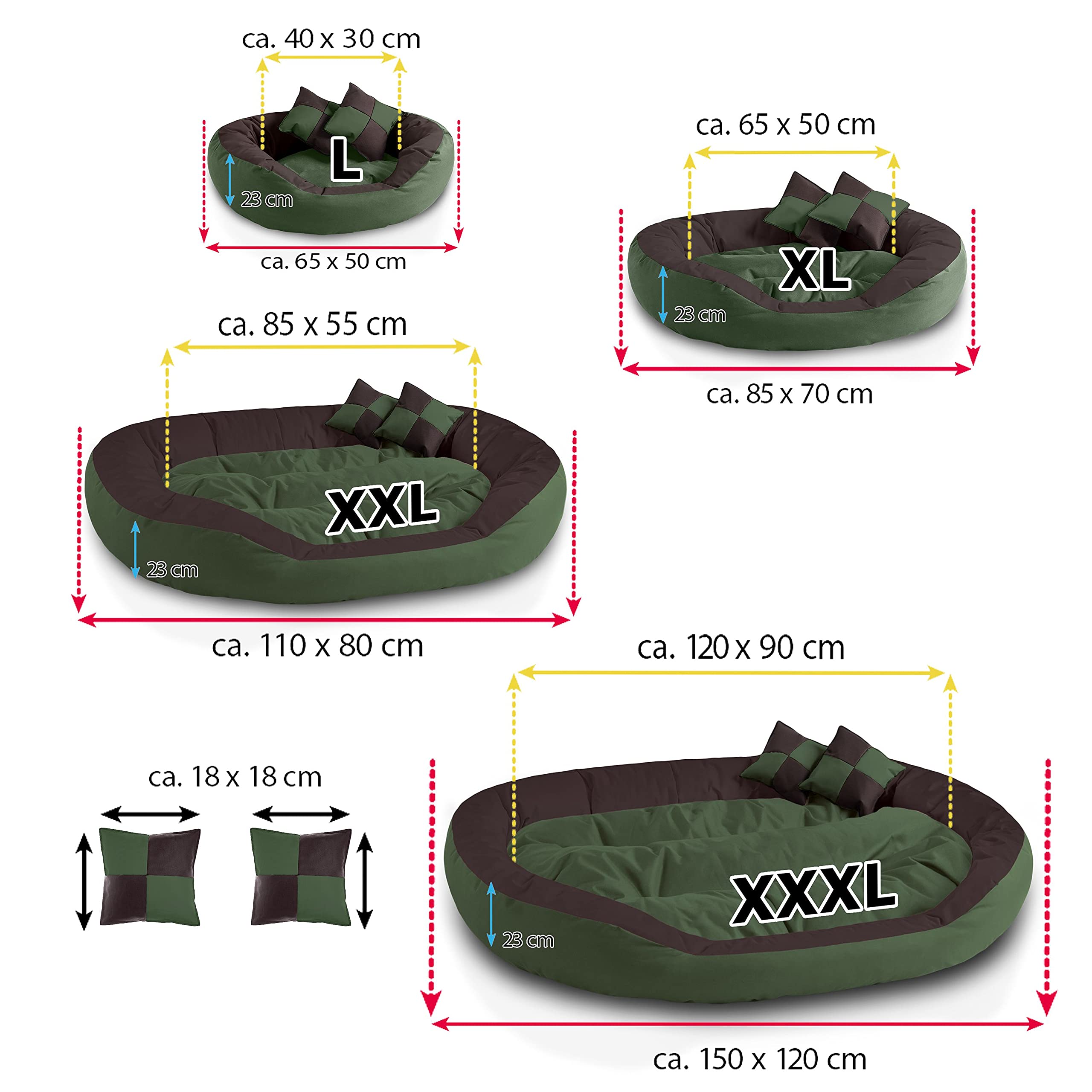 BedDog® 4in1 Letto per Cane Saba L Fino a XXXL, 7 Colori a Scelta, Cuscino, Divano, Cestino per Cane, Marrone/Verde L