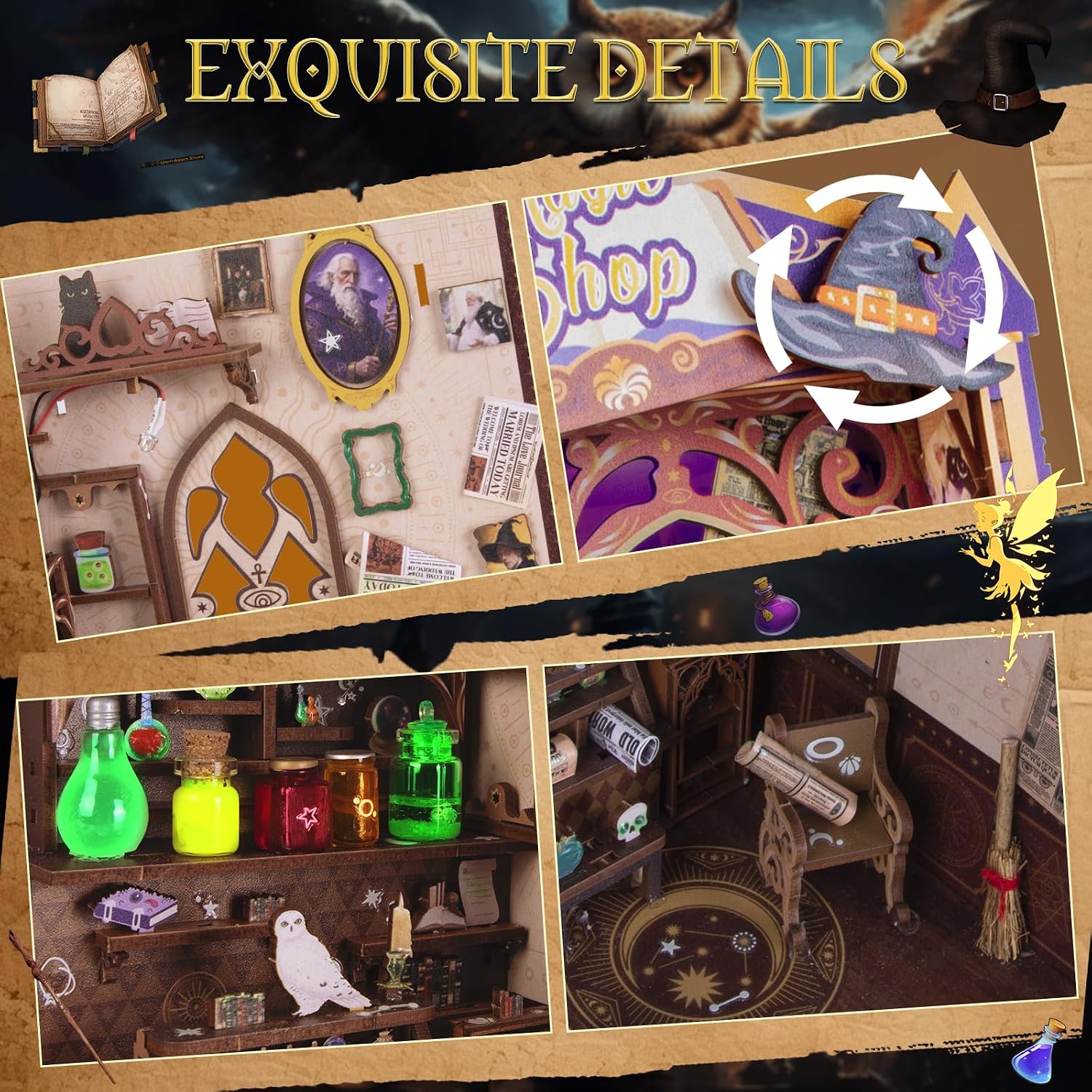 Glow in the Dark Book Nook Kits for Adults, Miniature House Dollhouse Kit for Teens, DIY Crafts for Adults, Tiny House Bookshelf Decor Magic Shop with LED Light, Birthday Gift for Women Friends Family