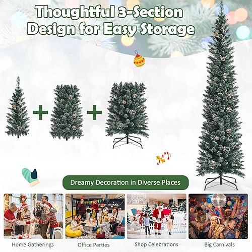 Miniatura 6 de HAPPYGRILL Árbol de Navidad delgado de 7 pies, árbol de Navidad artificial nevado con 351 puntas de ramas de PVC y 41 piñas, árbol de celebración de