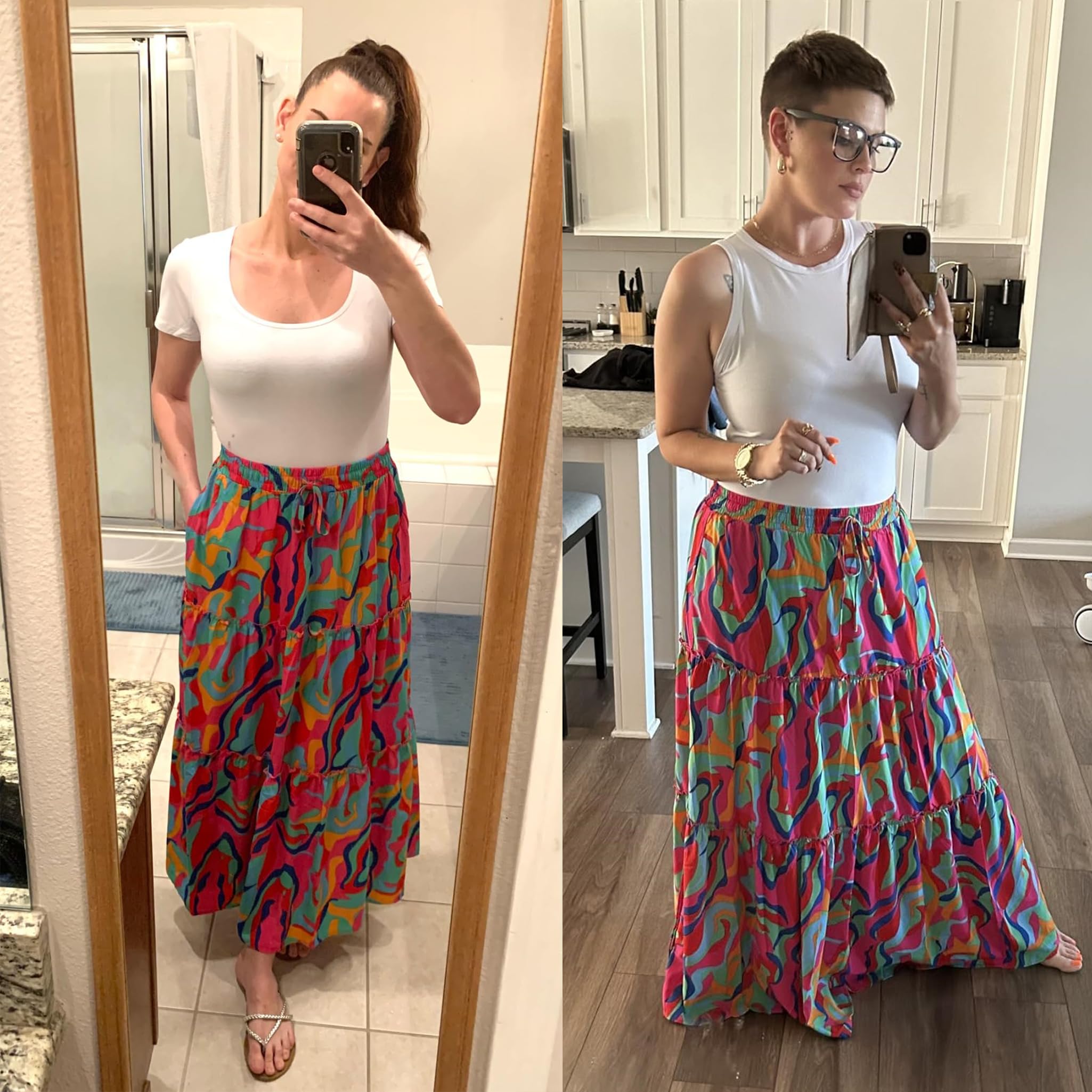 Timuspo Maxirock für Damen, Sommer, lang, fließend, A-Linie, Boho, hohe elastische Taille, Faltenrock mit 2 Taschen